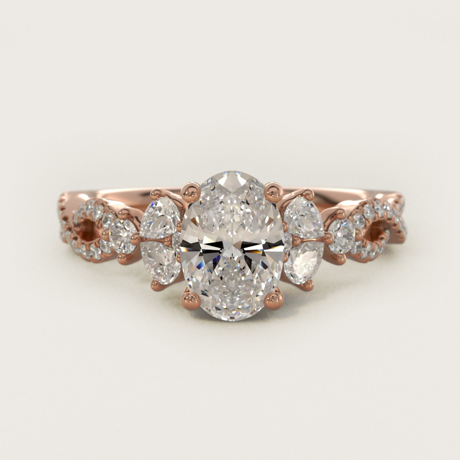Romantic Twist Diamond Pear Accent Engagement Ring in 18k Rose Gold (1/4 ct. tw.) - Oval Center