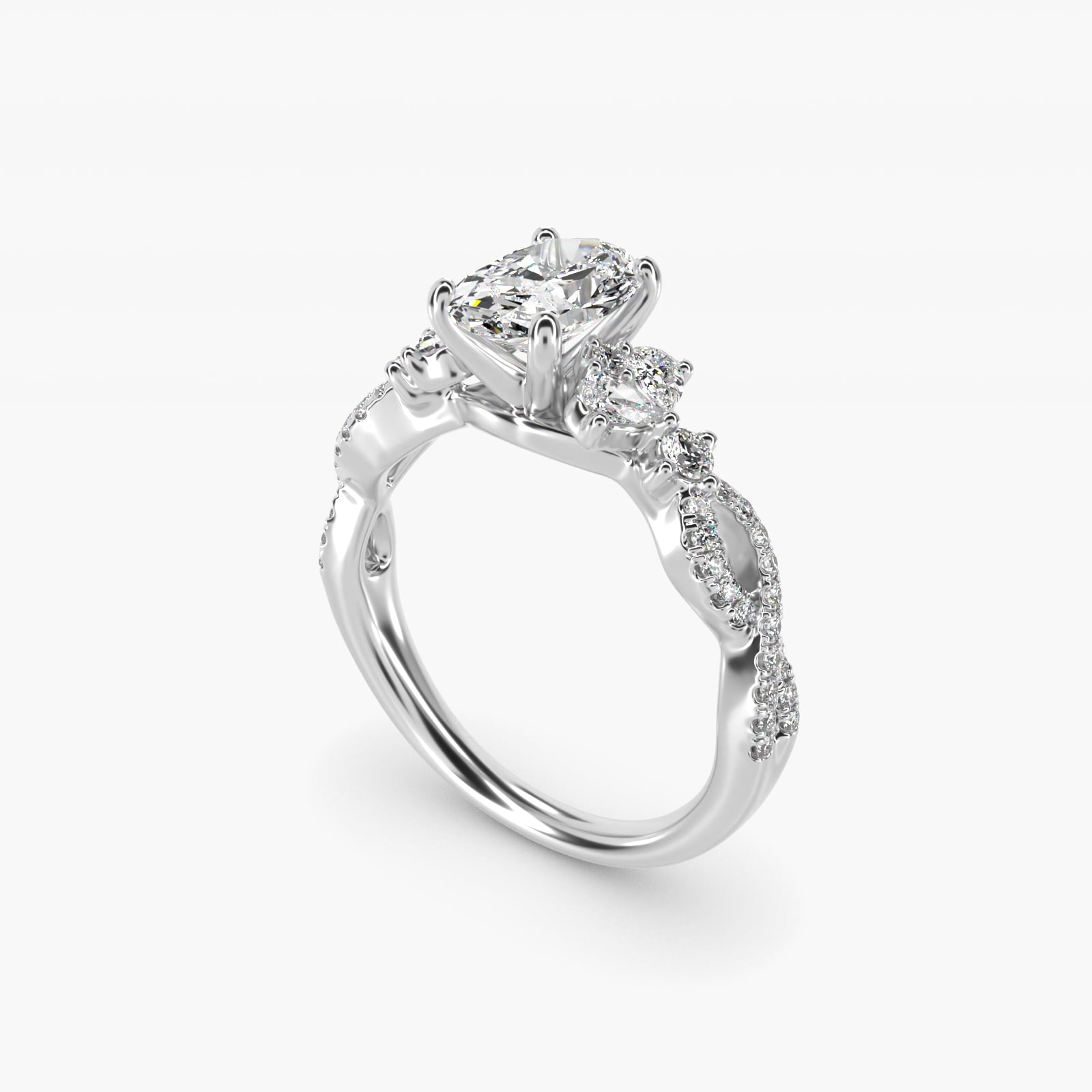 Romantic Twist Diamond Pear Accent Engagement Ring in 18k White Gold (1/4 ct. tw.) - Oval Center