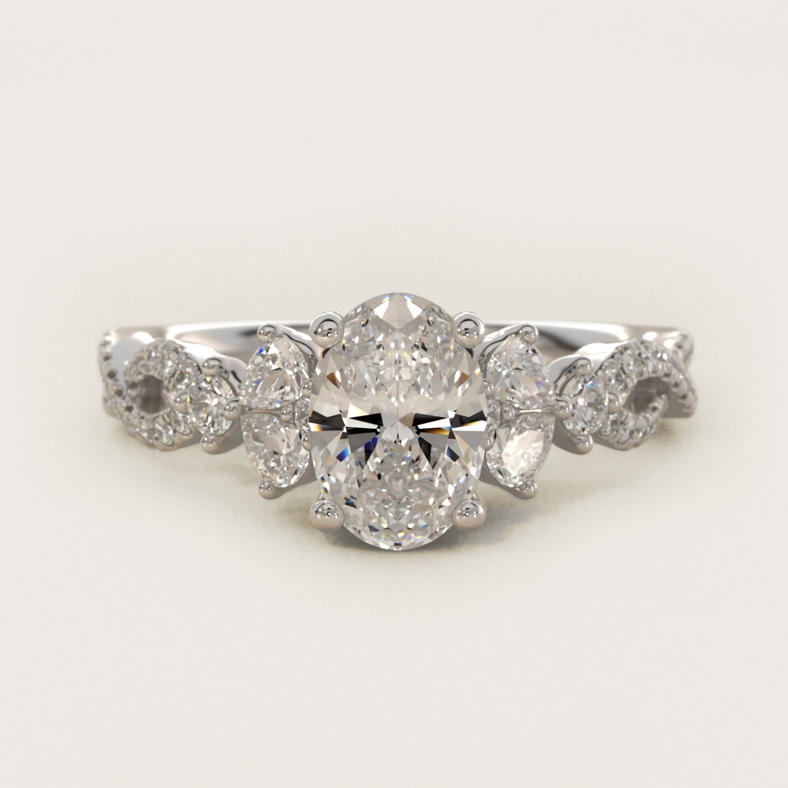 Romantic Twist Diamond Pear Accent Engagement Ring in 18k White Gold (1/4 ct. tw.) - Oval Center