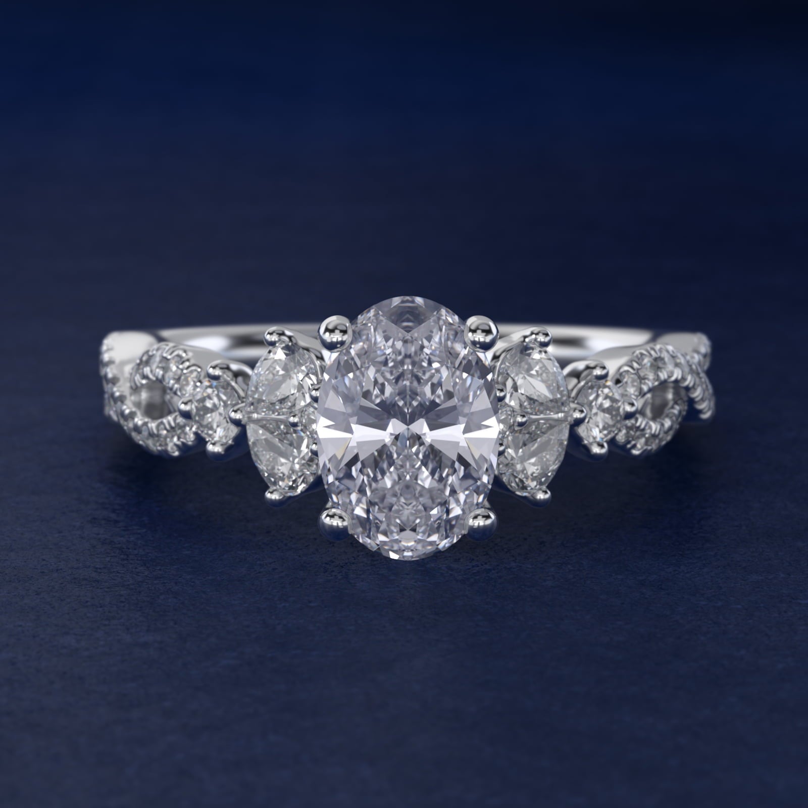 Romantic Twist Diamond Pear Accent Engagement Ring in Platinum (1/4 ct. tw.) - Oval Center