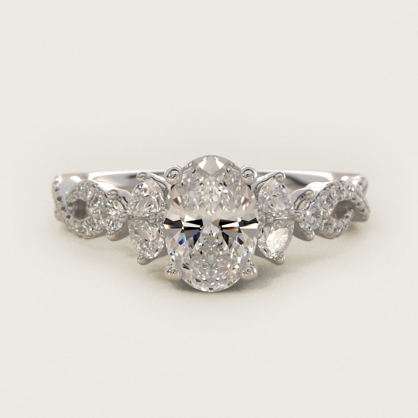 Romantic Twist Diamond Pear Accent Engagement Ring in Platinum (1/4 ct. tw.) - Oval Center