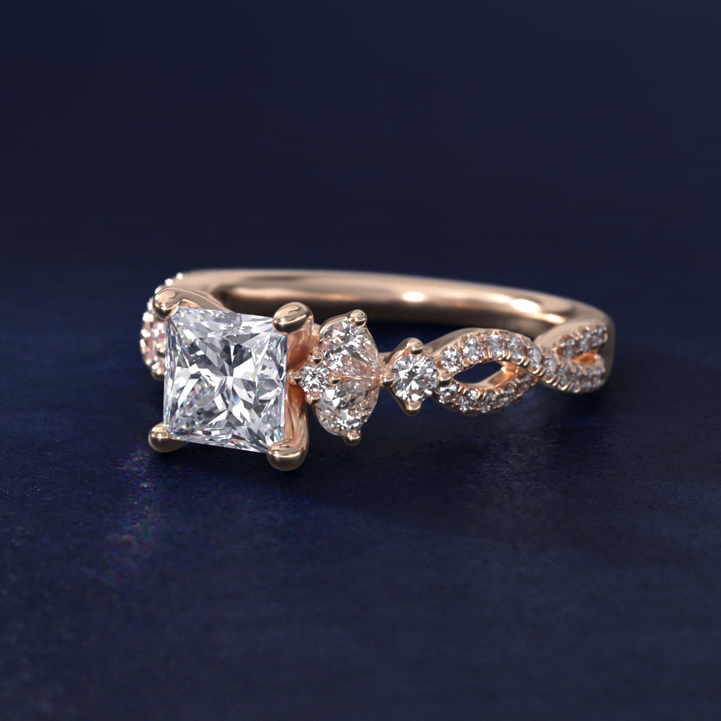 Romantic Twist Diamond Pear Accent Engagement Ring in 14k Rose Gold (1/4 ct. tw.) - Princess Center