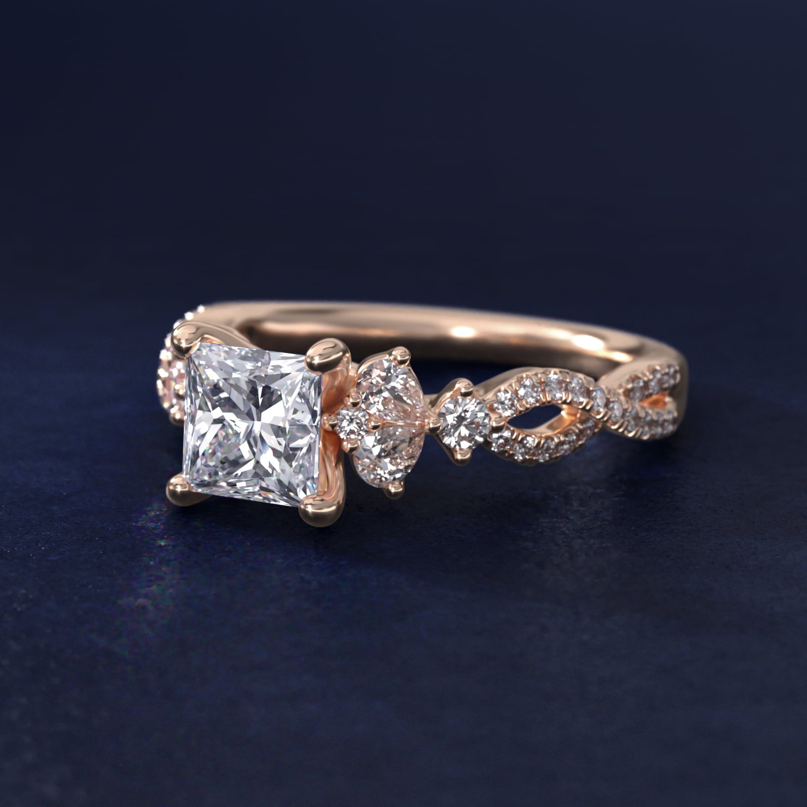 Romantic Twist Diamond Pear Accent Engagement Ring in 14k Rose Gold (1/4 ct. tw.) - Princess Center