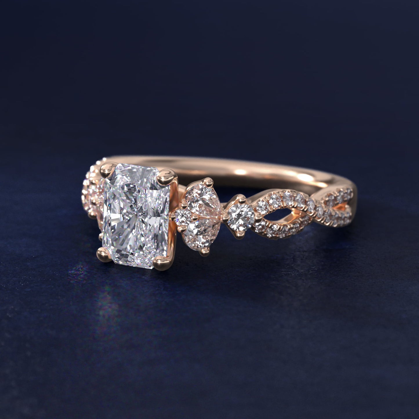 Romantic Twist Diamond Pear Accent Engagement Ring in 18k Rose Gold (1/4 ct. tw.) - Radiant Center