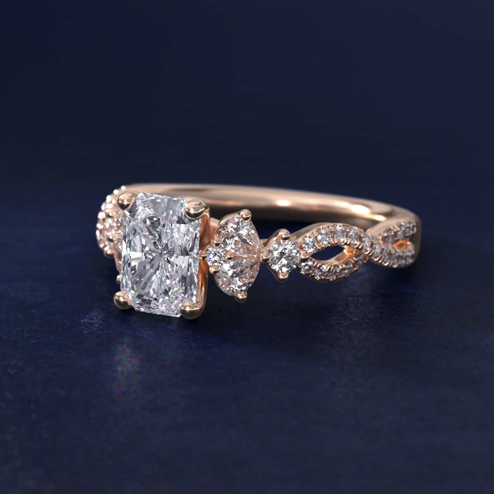 Romantic Twist Diamond Pear Accent Engagement Ring in 18k Rose Gold (1/4 ct. tw.) - Radiant Center