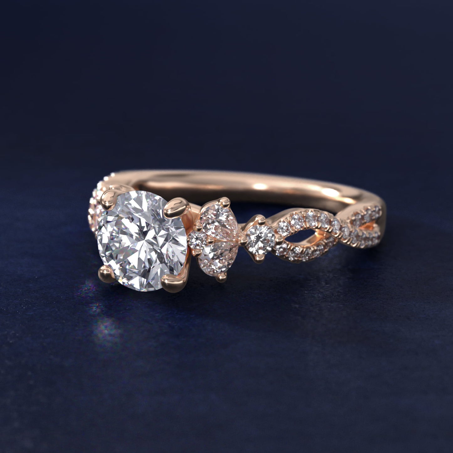 Romantic Twist Diamond Pear Accent Engagement Ring in 14k Rose Gold (1/4 ct. tw.) - Round Center