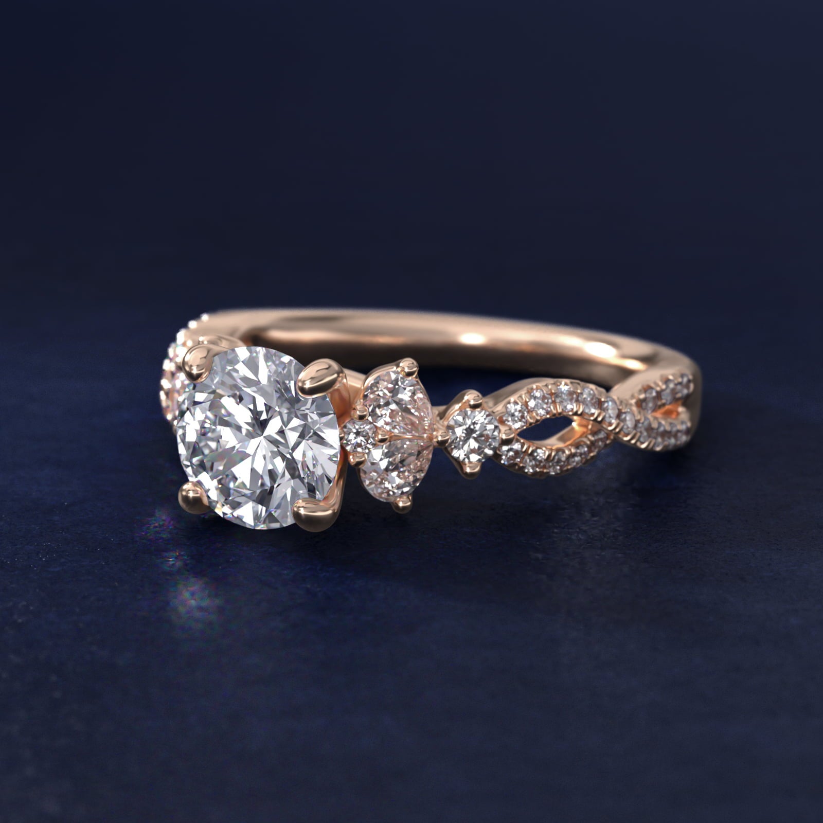 Romantic Twist Diamond Pear Accent Engagement Ring in 14k Rose Gold (1/4 ct. tw.) - Round Center