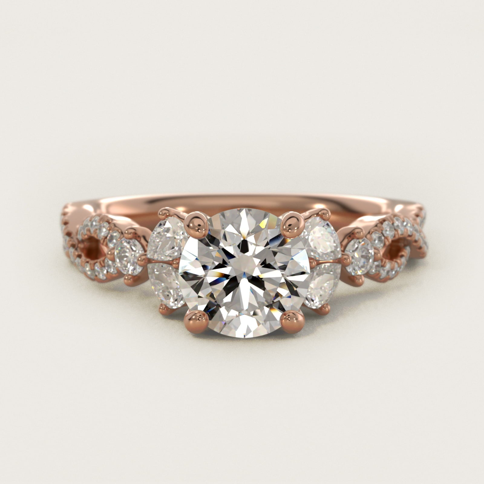 Romantic Twist Diamond Pear Accent Engagement Ring in 18k Rose Gold (1/4 ct. tw.) - Round Center