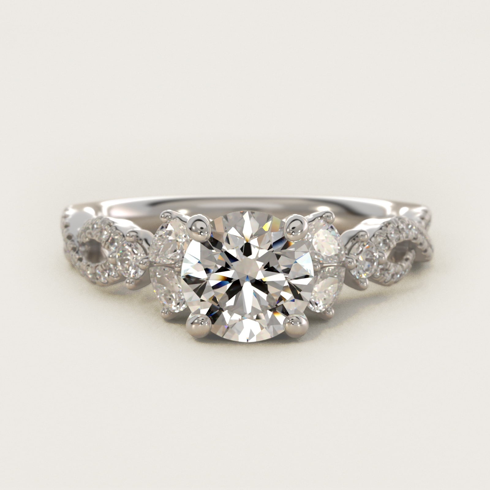 Romantic Twist Diamond Pear Accent Engagement Ring in 18k White Gold (1/4 ct. tw.) - Round Center
