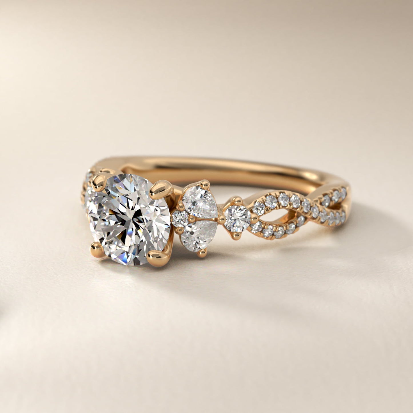 Romantic Twist Diamond Pear Accent Engagement Ring in 14k Yellow Gold (1/4 ct. tw.) - Round Center