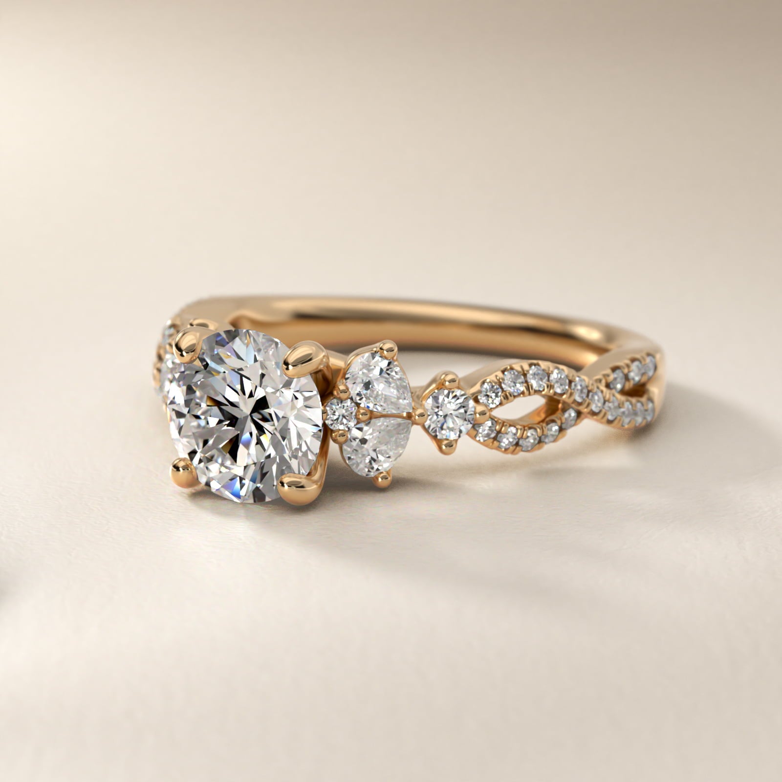 Romantic Twist Diamond Pear Accent Engagement Ring in 18k Yellow Gold (1/4 ct. tw.) - Round Center