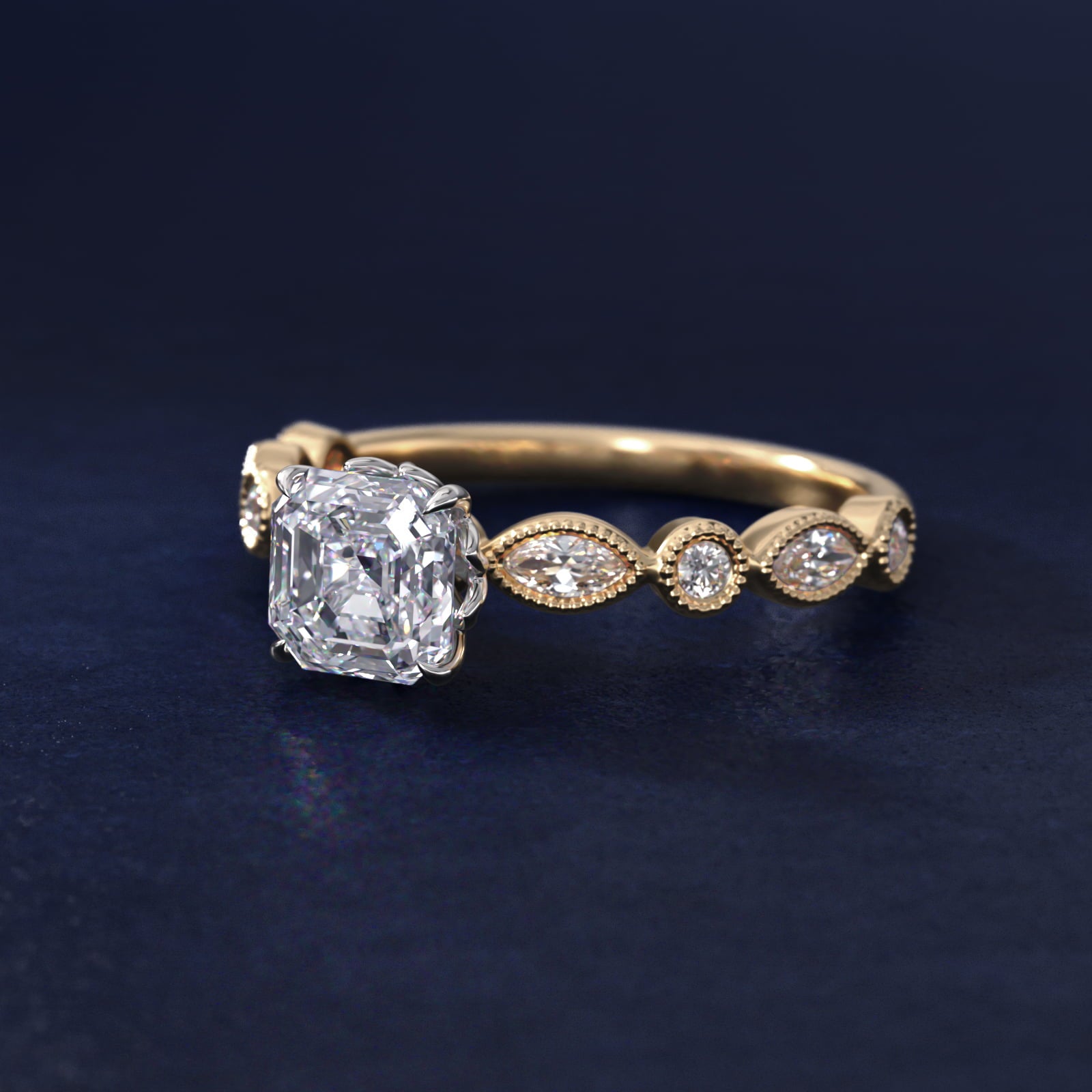 Round and Marquise Cut Side Stone Diamond Engagement Ring In 14K Yellow Gold By James Allen - Asscher Center
