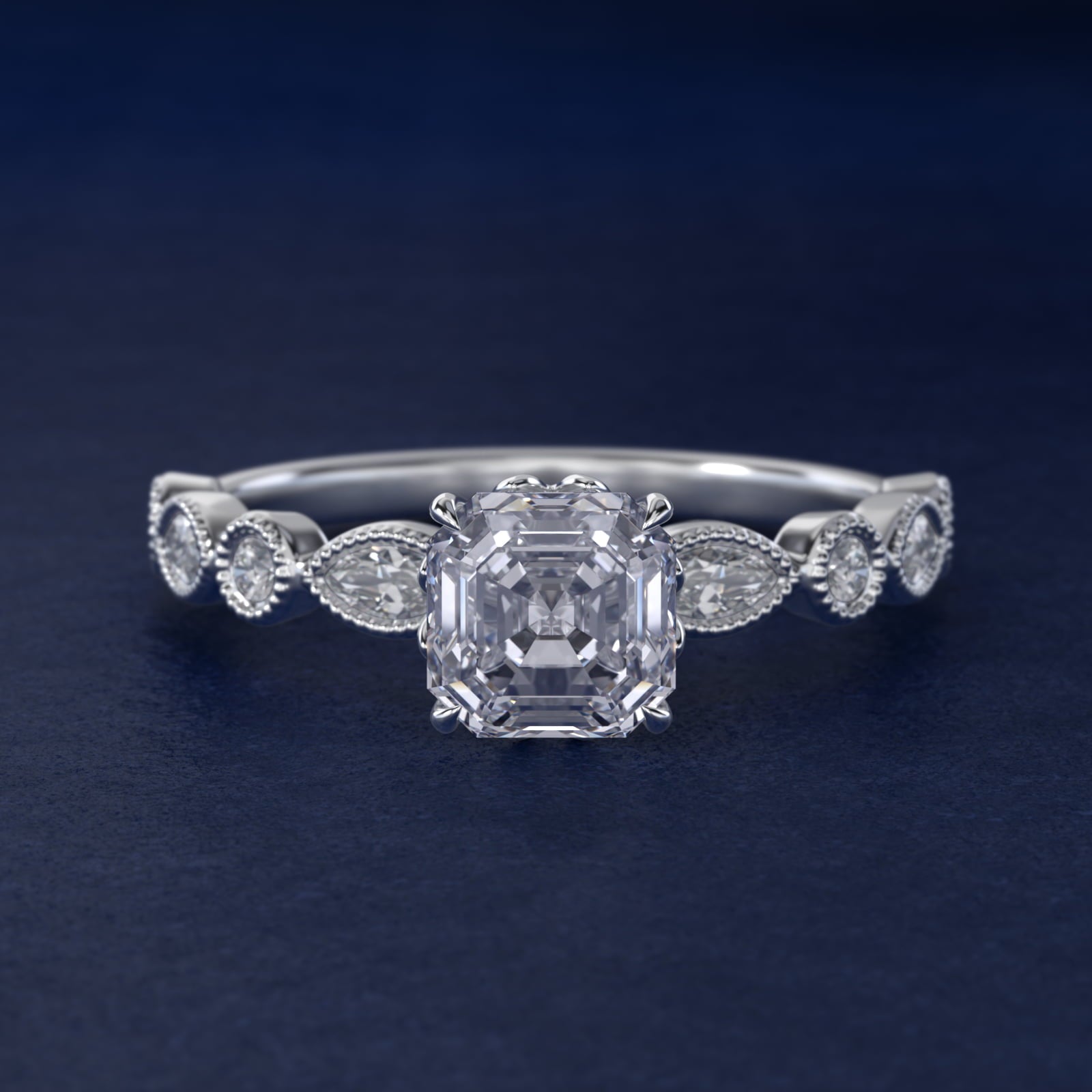 Round and Marquise Cut Side Stone Diamond Engagement Ring In Platinum By James Allen - Asscher Center