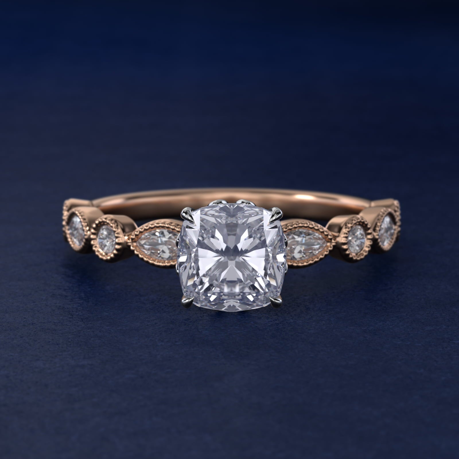 Round and Marquise Cut Side Stone Diamond Engagement Ring In 14K Rose Gold By James Allen - Cushion Center
