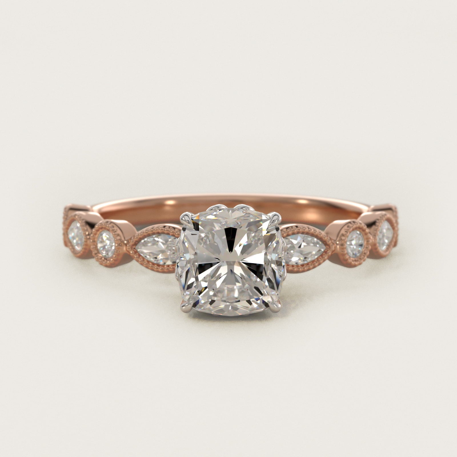 Round and Marquise Cut Side Stone Diamond Engagement Ring In 14K Rose Gold By James Allen - Cushion Center