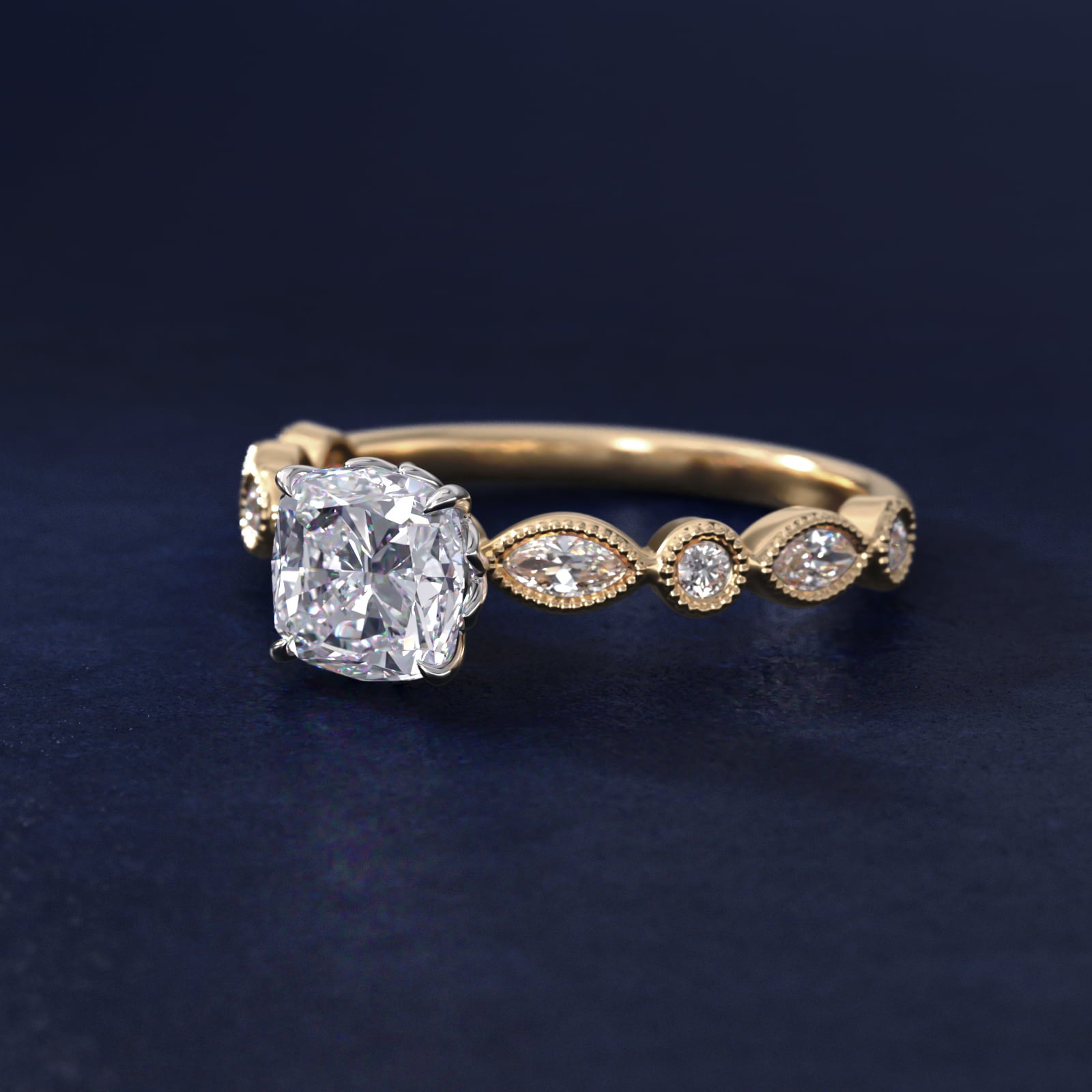 Round and Marquise Cut Side Stone Diamond Engagement Ring In 14K Yellow Gold By James Allen - Cushion Center