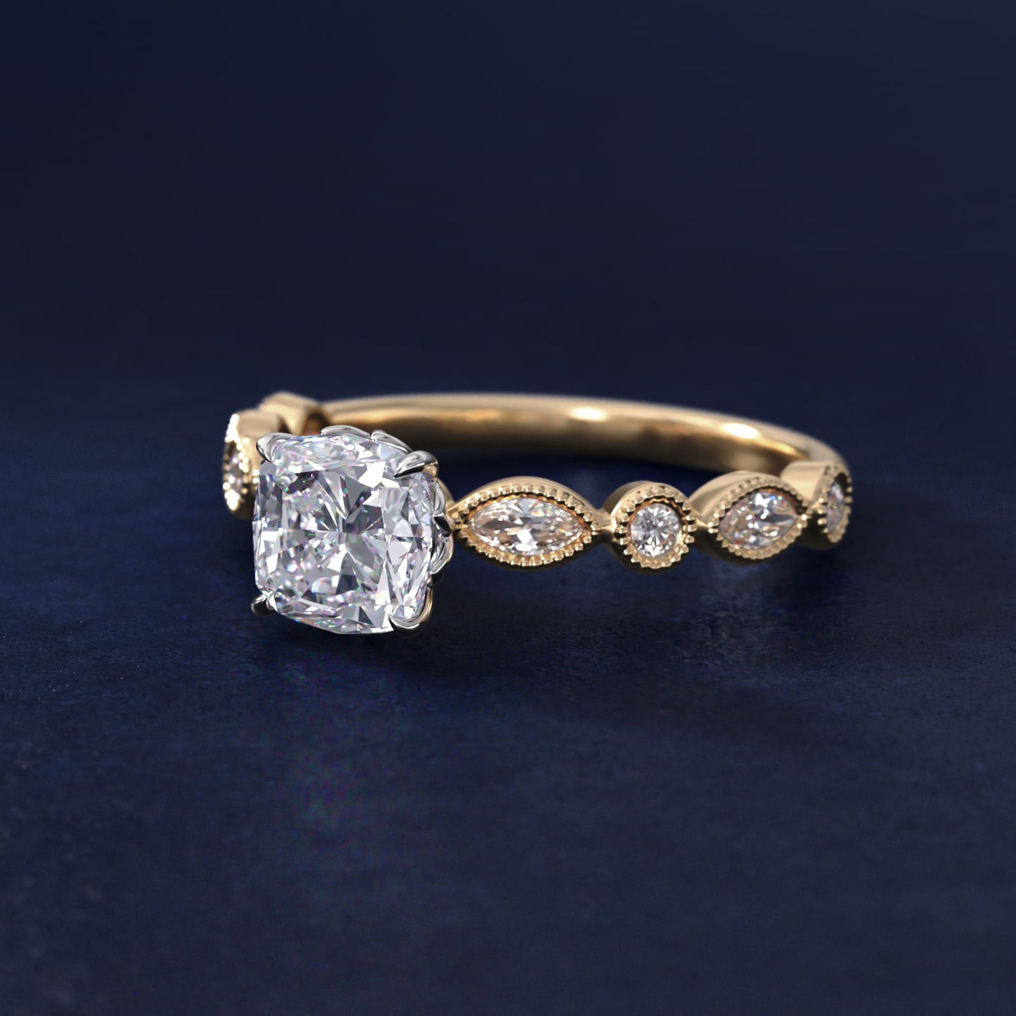 Round and Marquise Cut Side Stone Diamond Engagement Ring In 18k Yellow Gold By James Allen - Cushion Center