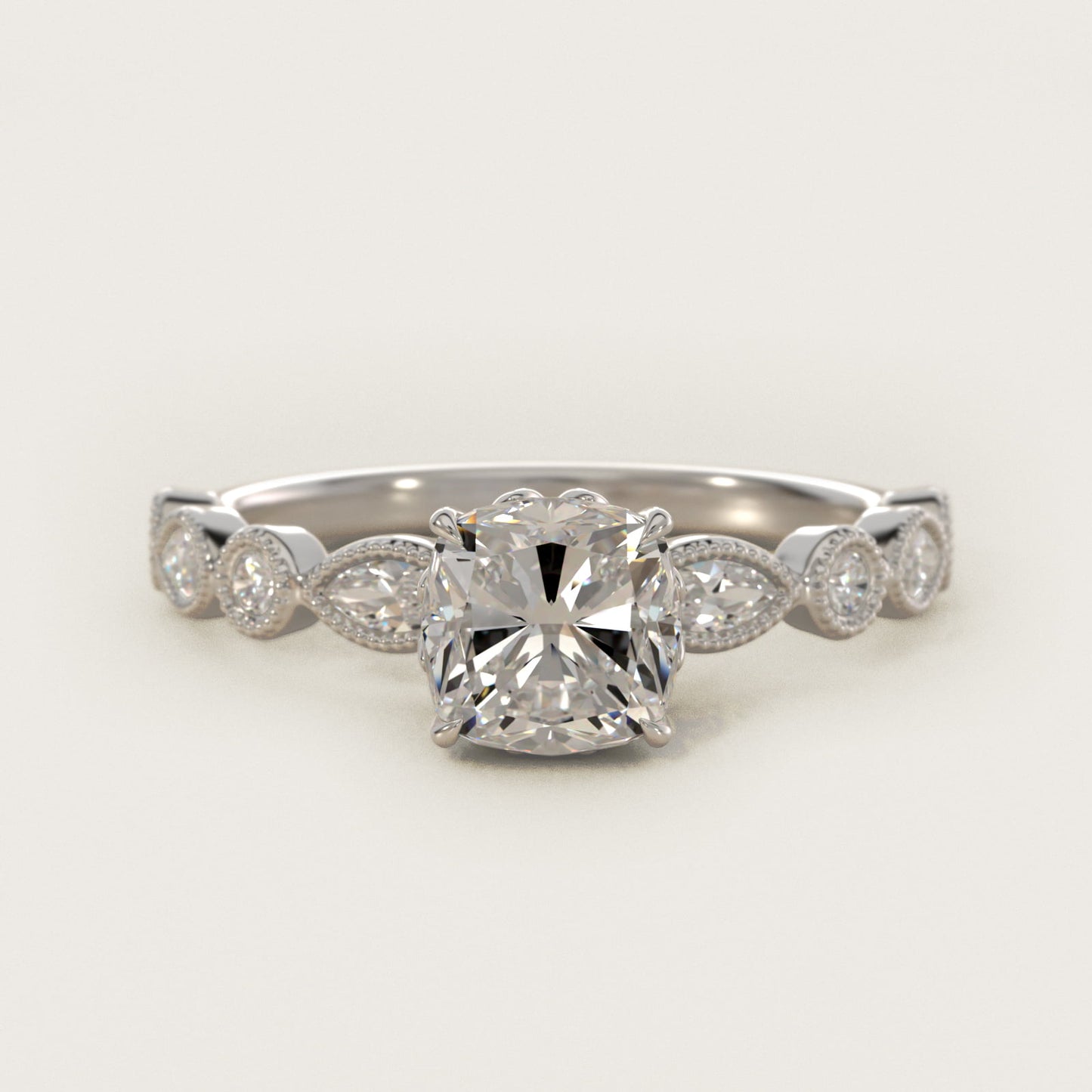 Round and Marquise Cut Side Stone Diamond Engagement Ring In Platinum By James Allen - Cushion Center