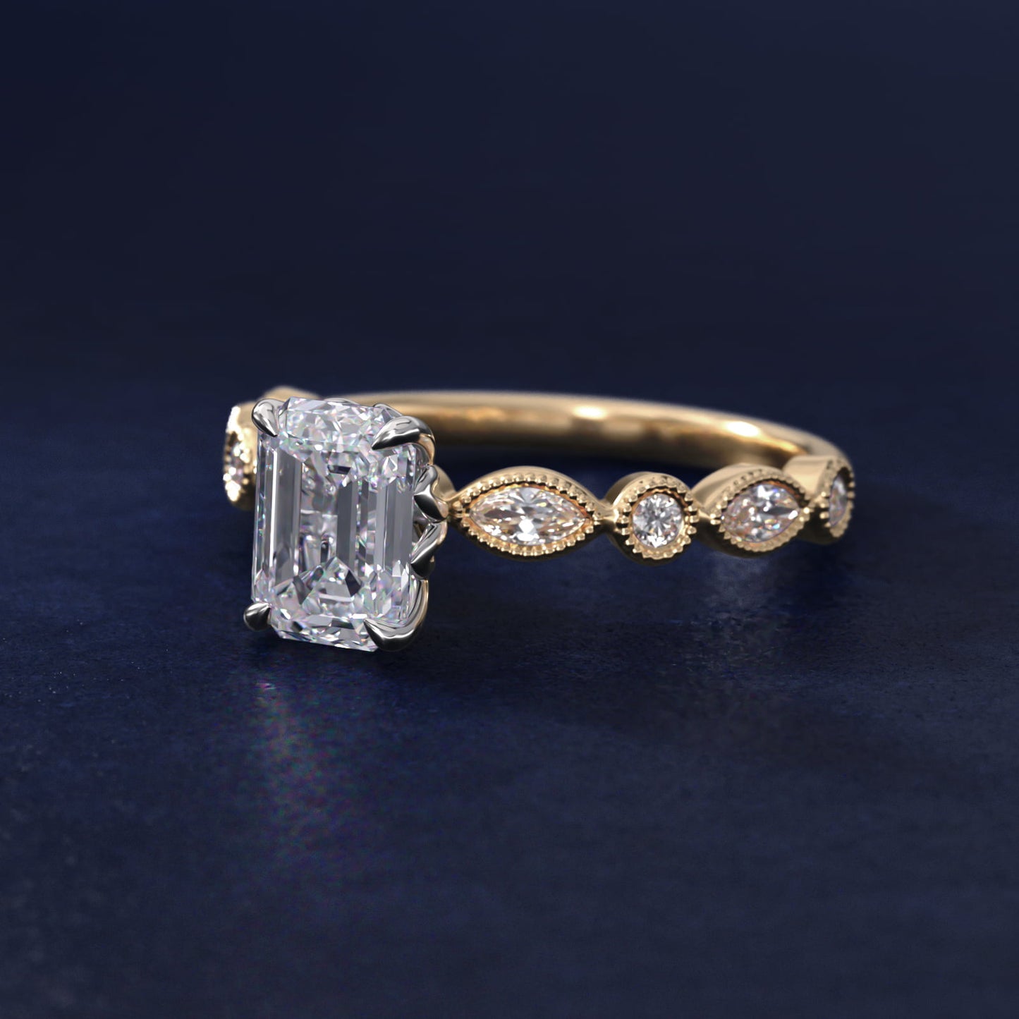 Round and Marquise Cut Side Stone Diamond Engagement Ring In 14K Yellow Gold By James Allen - Emerald Center