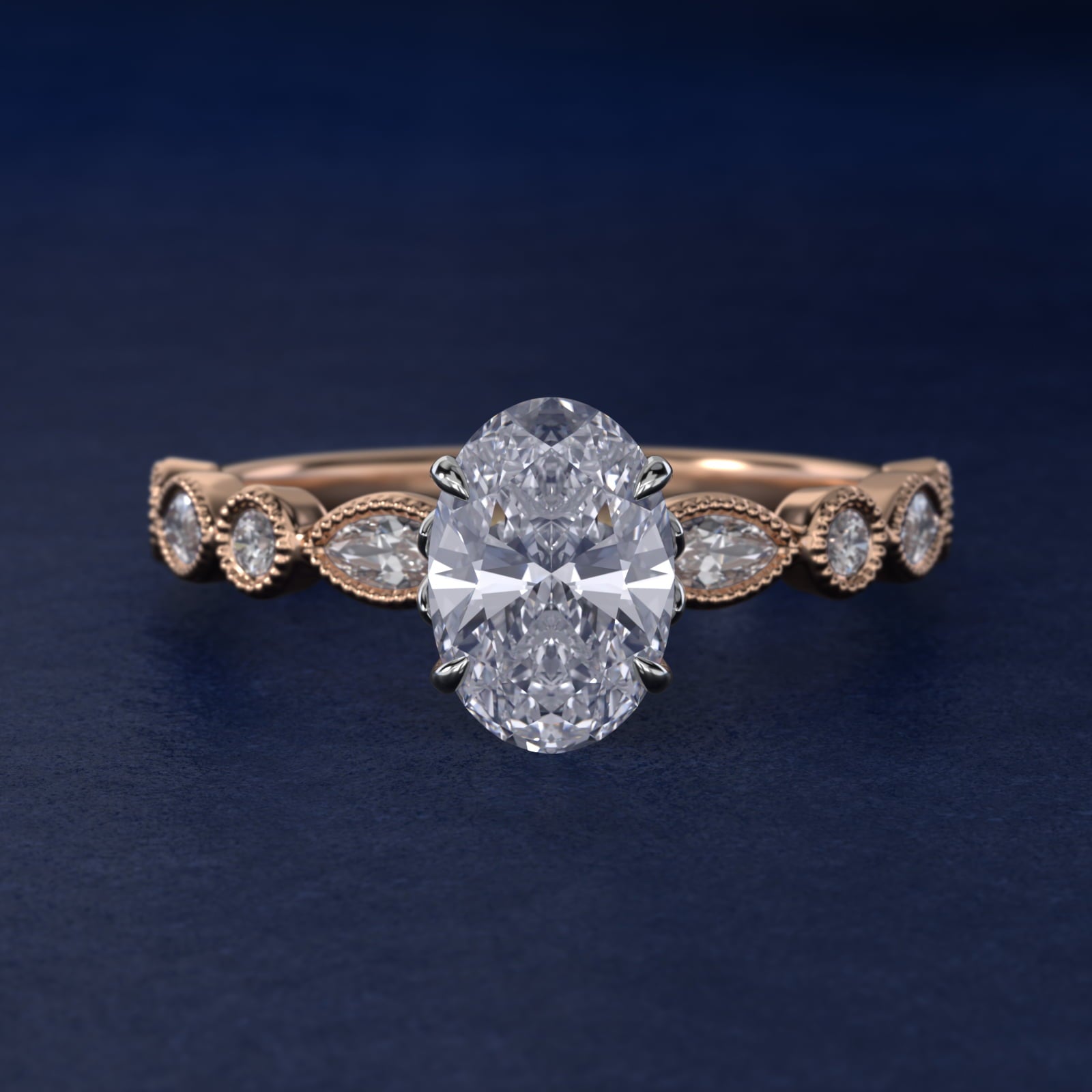 Round and Marquise Cut Side Stone Diamond Engagement Ring In 18k Rose Gold By James Allen - Oval Center