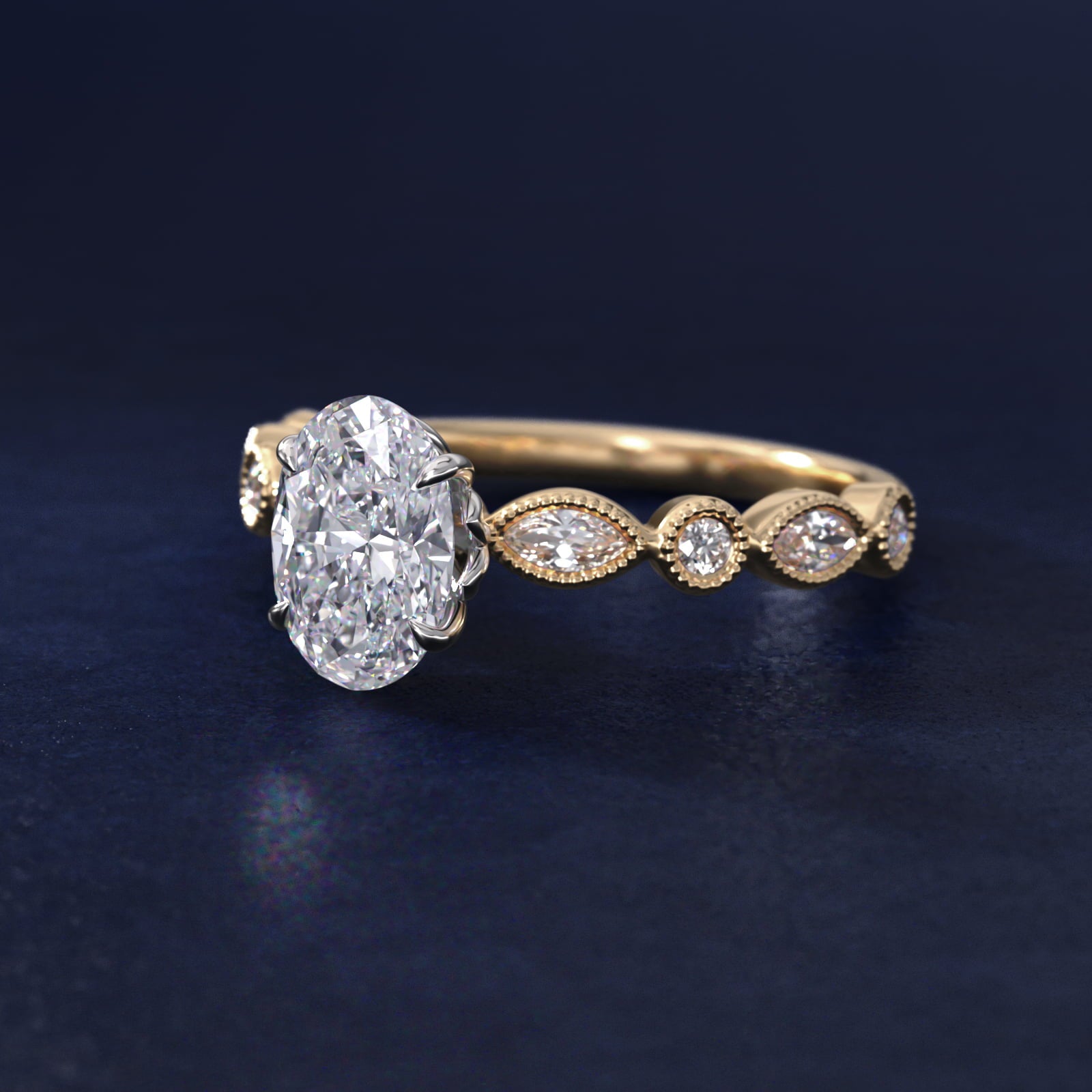 Round and Marquise Cut Side Stone Diamond Engagement Ring In 18k Yellow Gold By James Allen - Oval Center