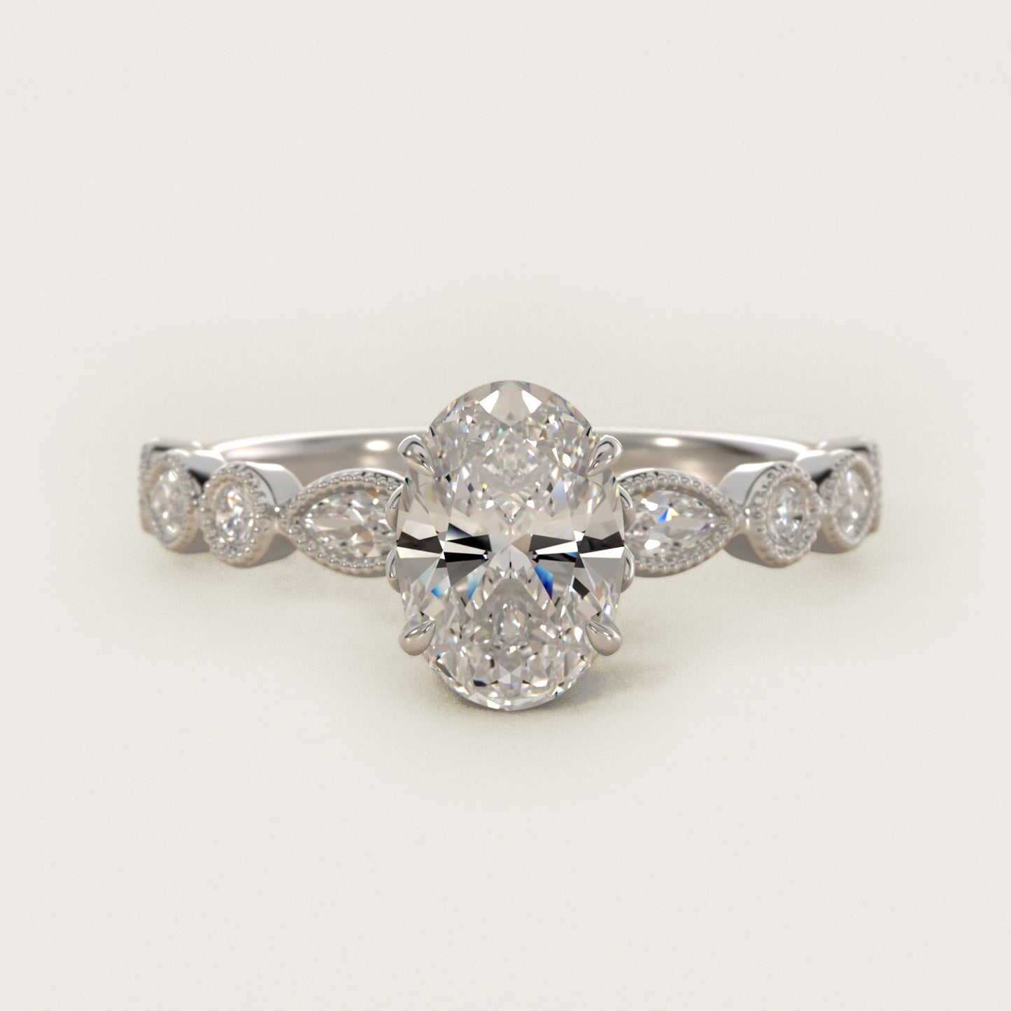 Round and Marquise Cut Side Stone Diamond Engagement Ring In Platinum By James Allen - Oval Center