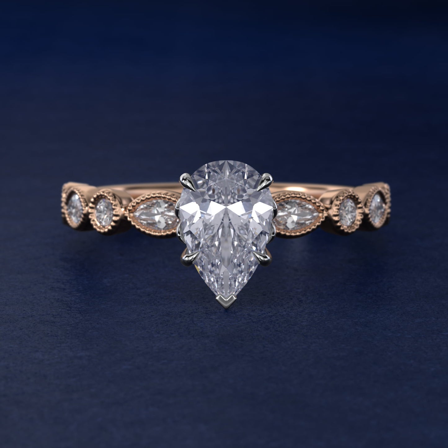 Round and Marquise Cut Side Stone Diamond Engagement Ring In 14K Rose Gold By James Allen - Pear Center