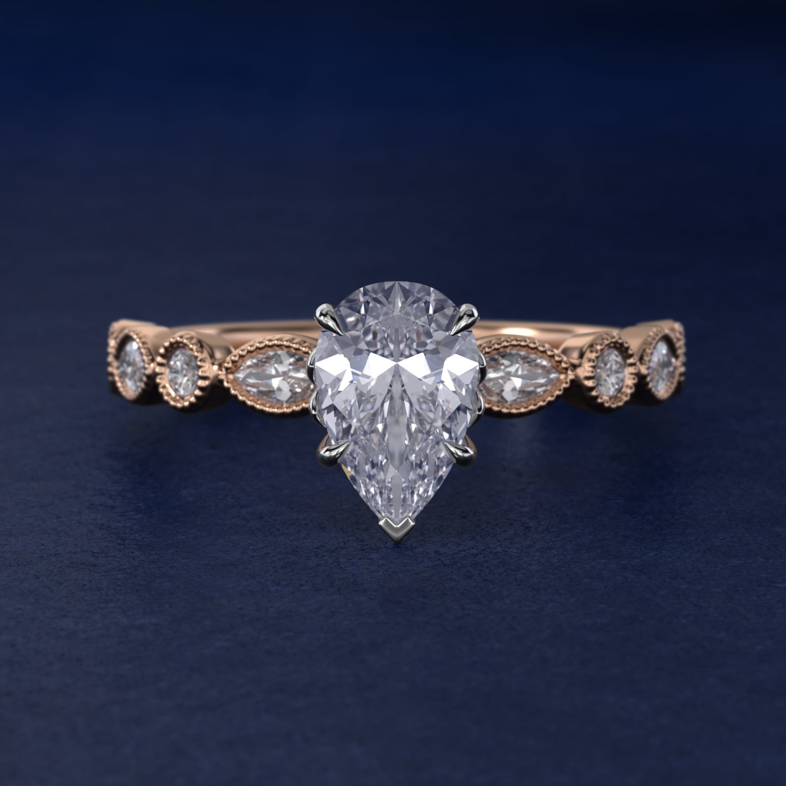 Round and Marquise Cut Side Stone Diamond Engagement Ring In 14K Rose Gold By James Allen - Pear Center