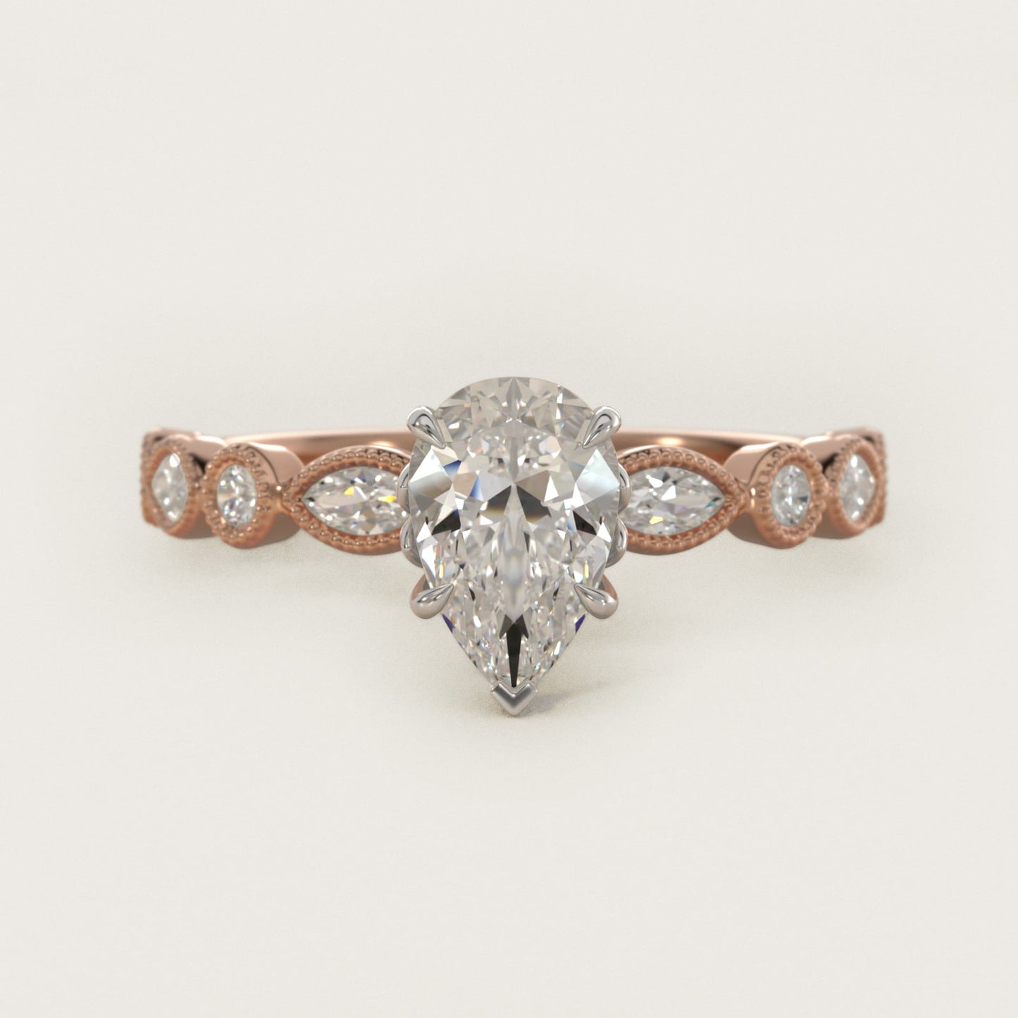 Round and Marquise Cut Side Stone Diamond Engagement Ring In 14K Rose Gold By James Allen - Pear Center