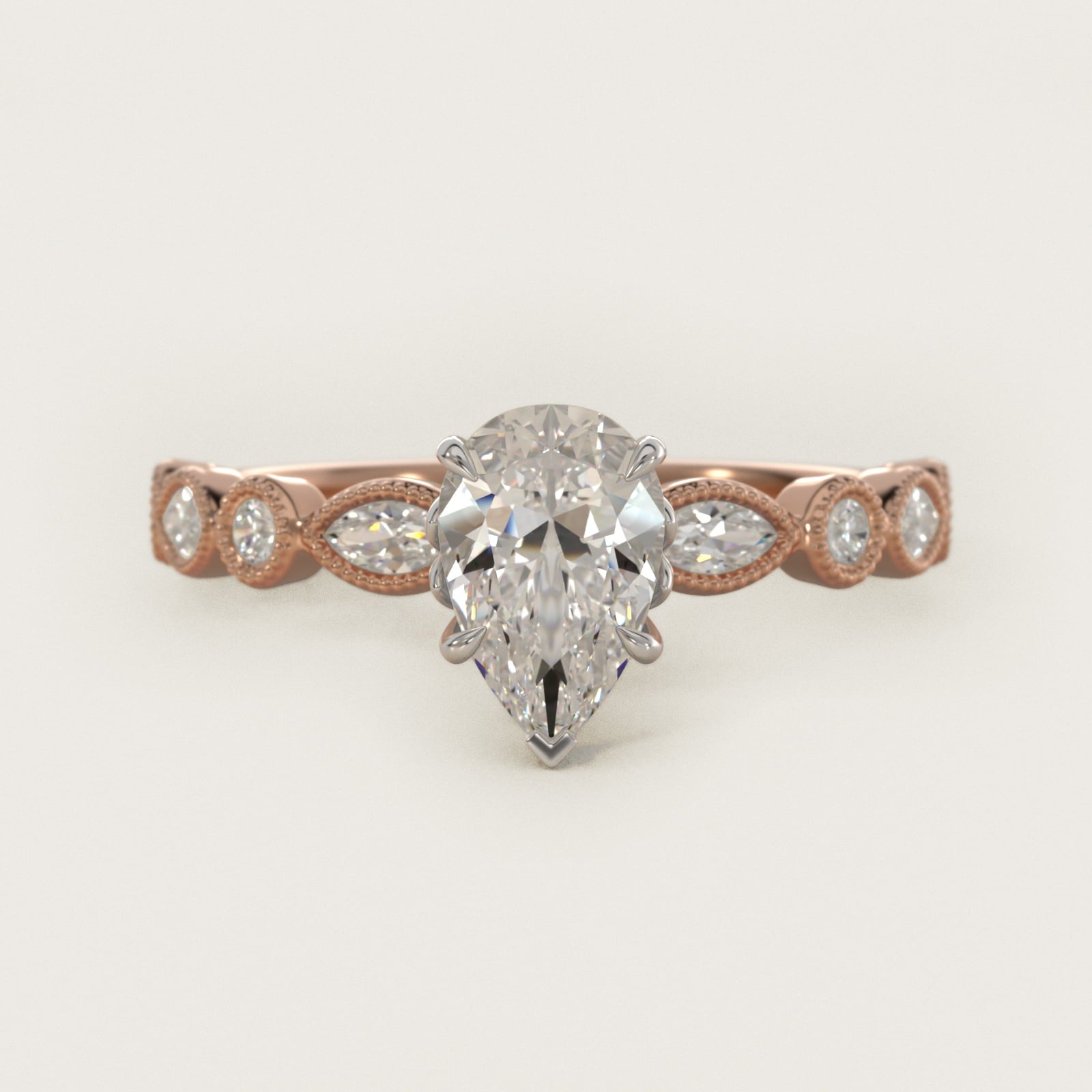 Round and Marquise Cut Side Stone Diamond Engagement Ring In 18k Rose Gold By James Allen - Pear Center