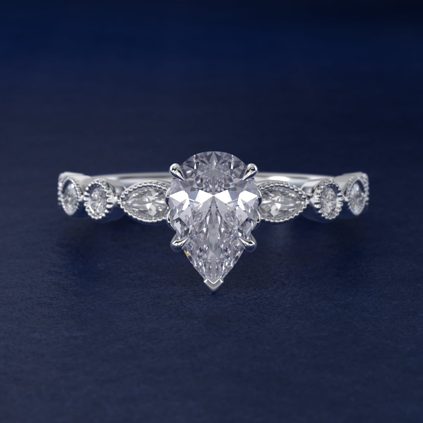 Round and Marquise Cut Side Stone Diamond Engagement Ring In 14K White Gold By James Allen - Pear Center