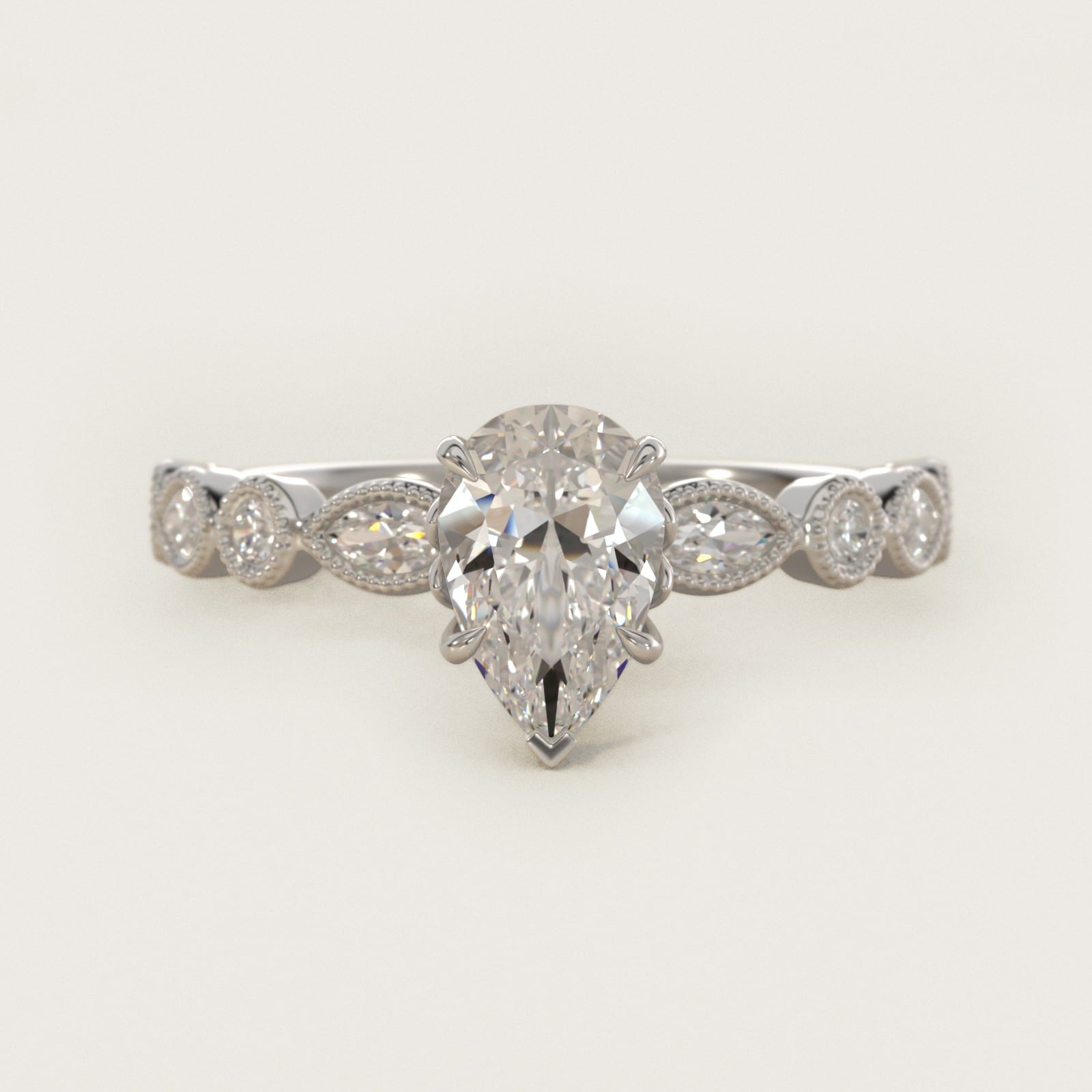Round and Marquise Cut Side Stone Diamond Engagement Ring In 14K White Gold By James Allen - Pear Center