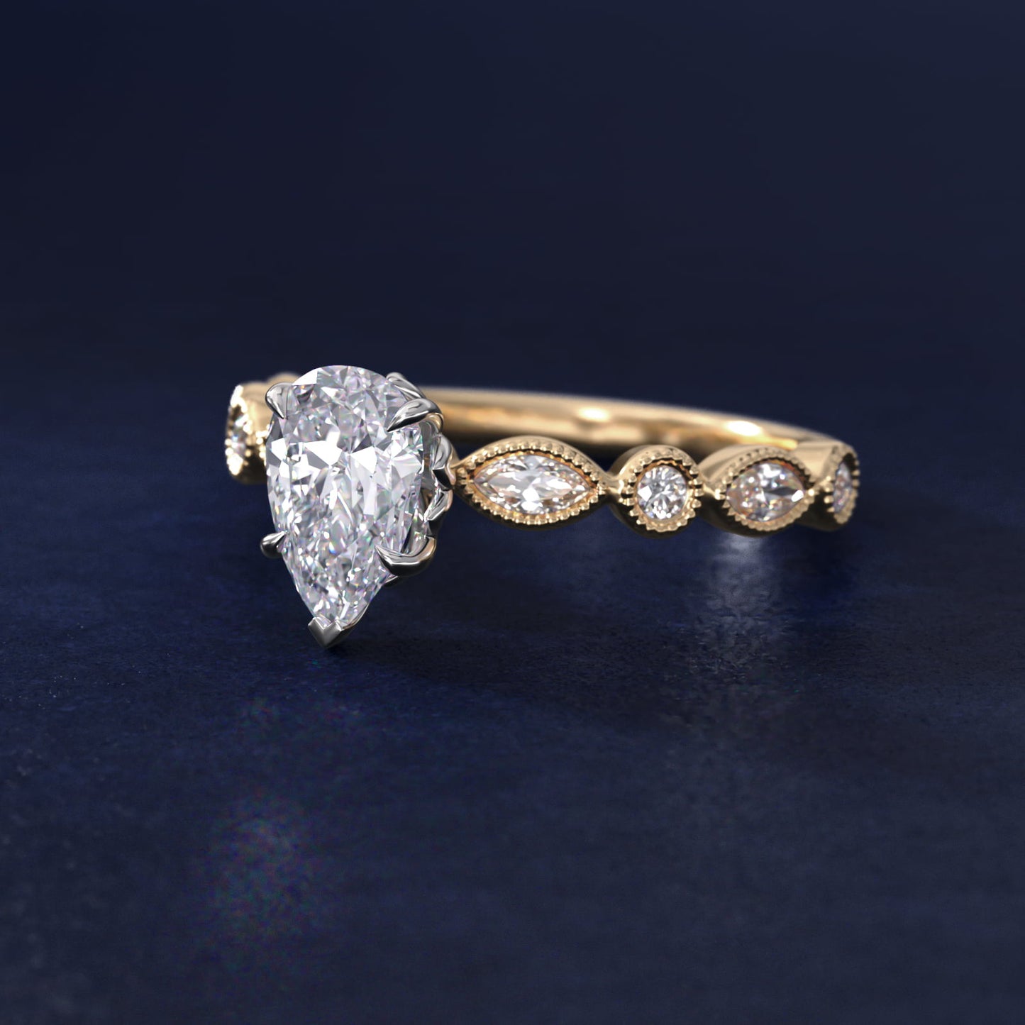 Round and Marquise Cut Side Stone Diamond Engagement Ring In 18k Yellow Gold By James Allen - Pear Center