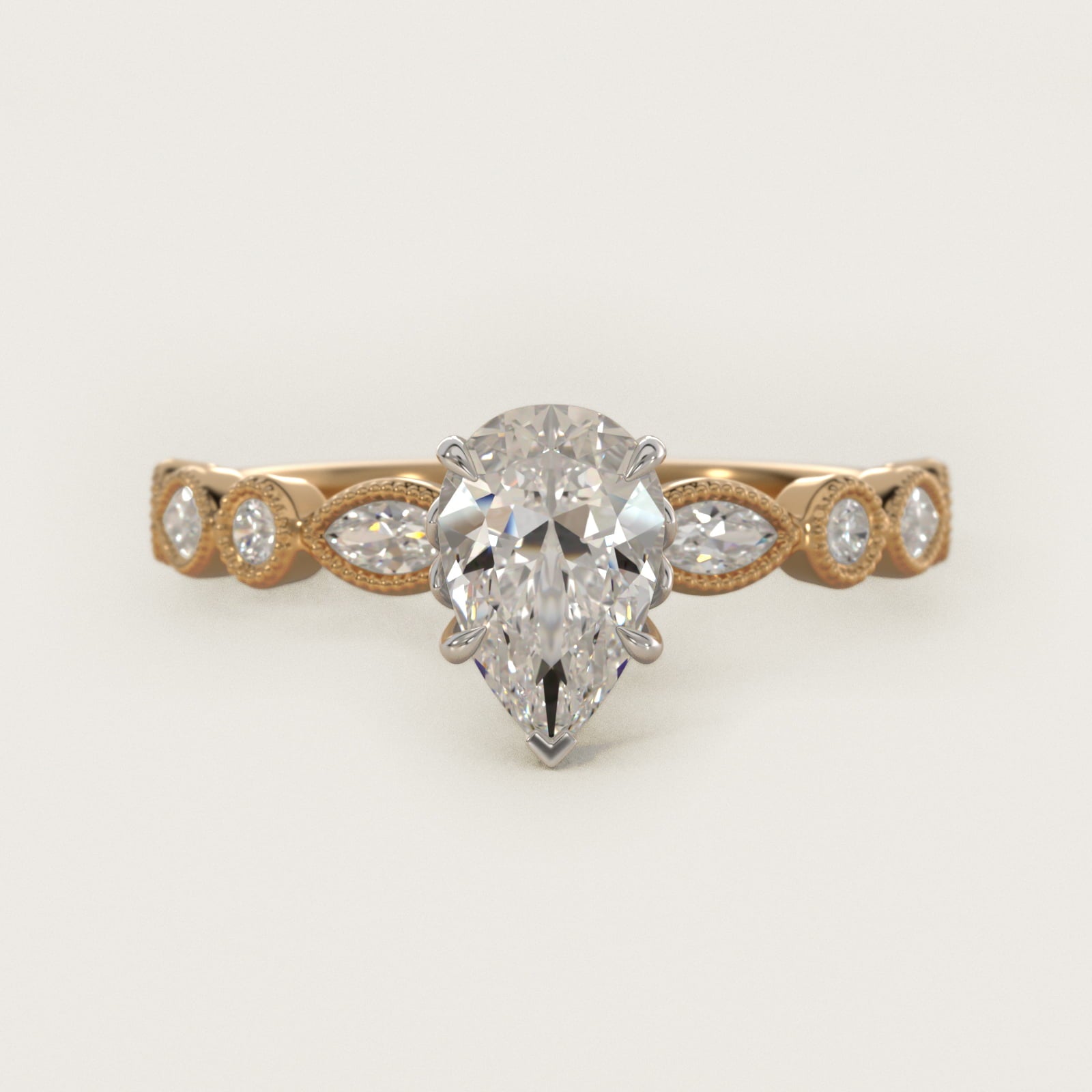Round and Marquise Cut Side Stone Diamond Engagement Ring In 18k Yellow Gold By James Allen - Pear Center