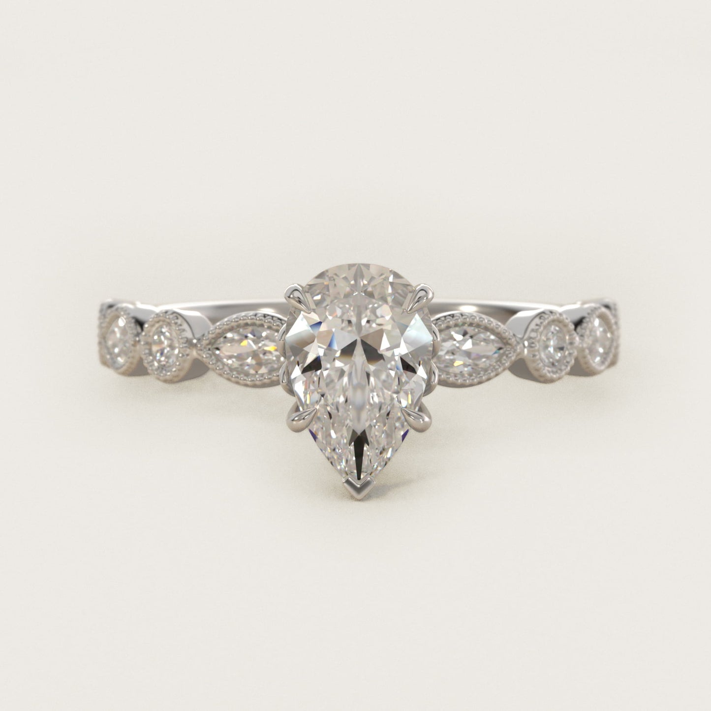 Round and Marquise Cut Side Stone Diamond Engagement Ring In Platinum By James Allen - Pear Center