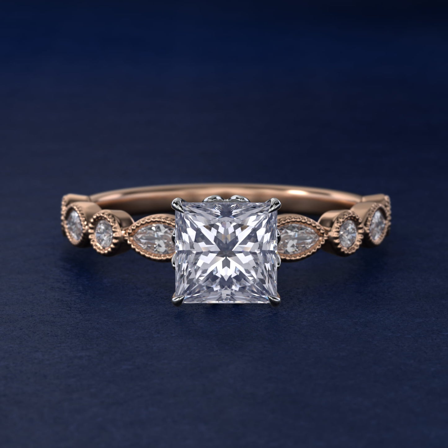 Round and Marquise Cut Side Stone Diamond Engagement Ring In 18k Rose Gold By James Allen - Princess Center