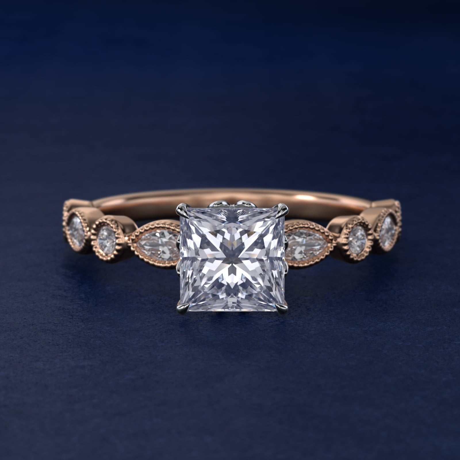 Round and Marquise Cut Side Stone Diamond Engagement Ring In 18k Rose Gold By James Allen - Princess Center