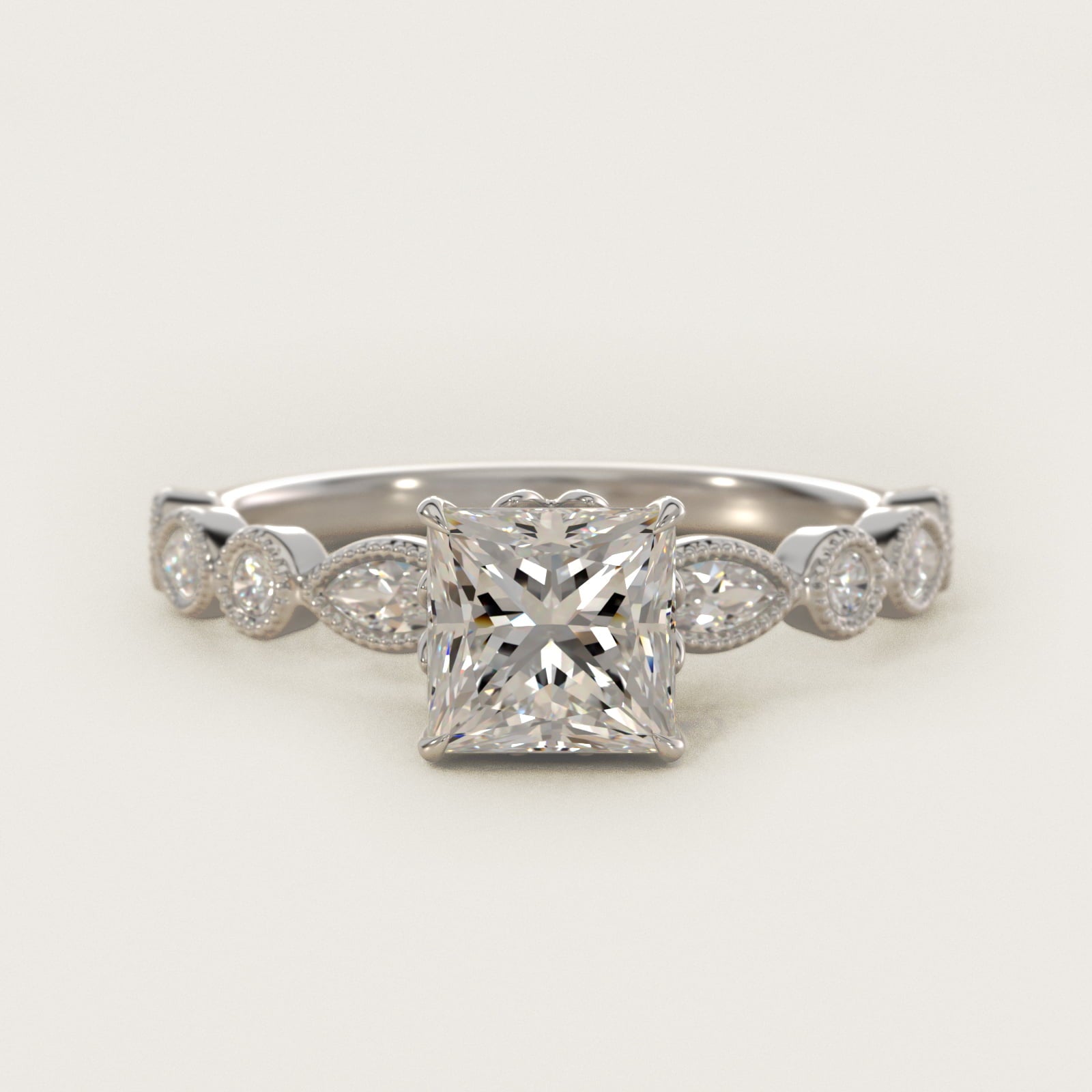 Round and Marquise Cut Side Stone Diamond Engagement Ring In 14K White Gold By James Allen - Princess Center