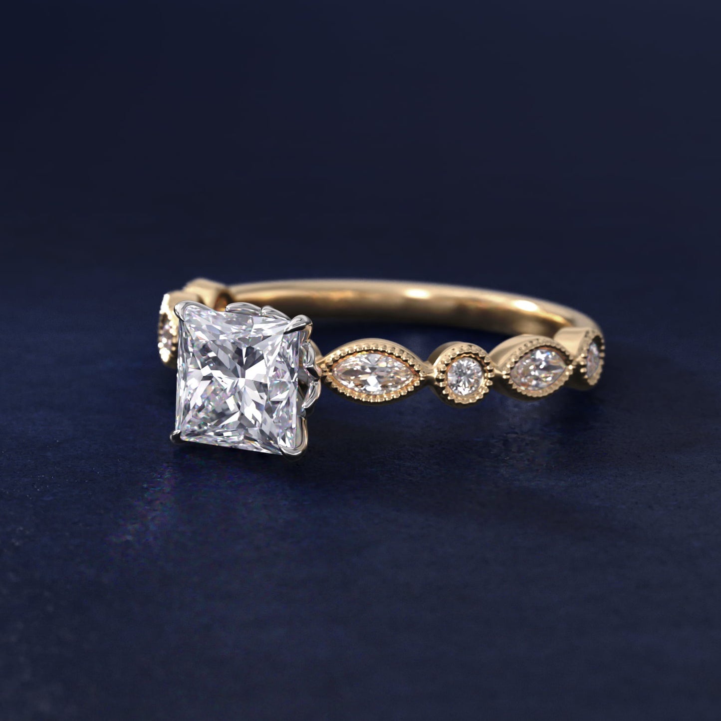 Round and Marquise Cut Side Stone Diamond Engagement Ring In 18k Yellow Gold By James Allen - Princess Center