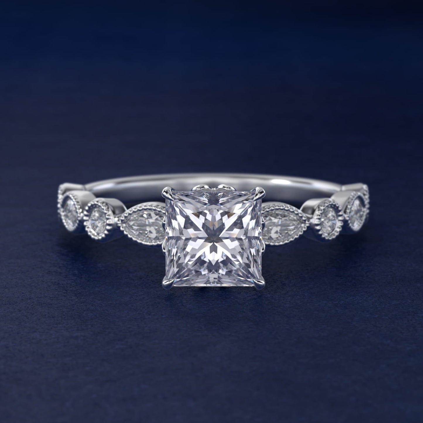 Round and Marquise Cut Side Stone Diamond Engagement Ring In Platinum By James Allen - Princess Center