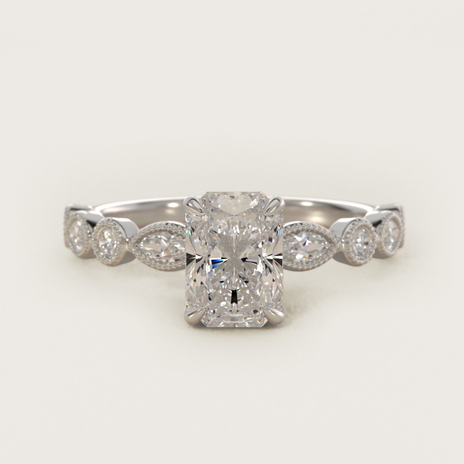 Round and Marquise Cut Side Stone Diamond Engagement Ring In 18k White Gold By James Allen - Radiant Center