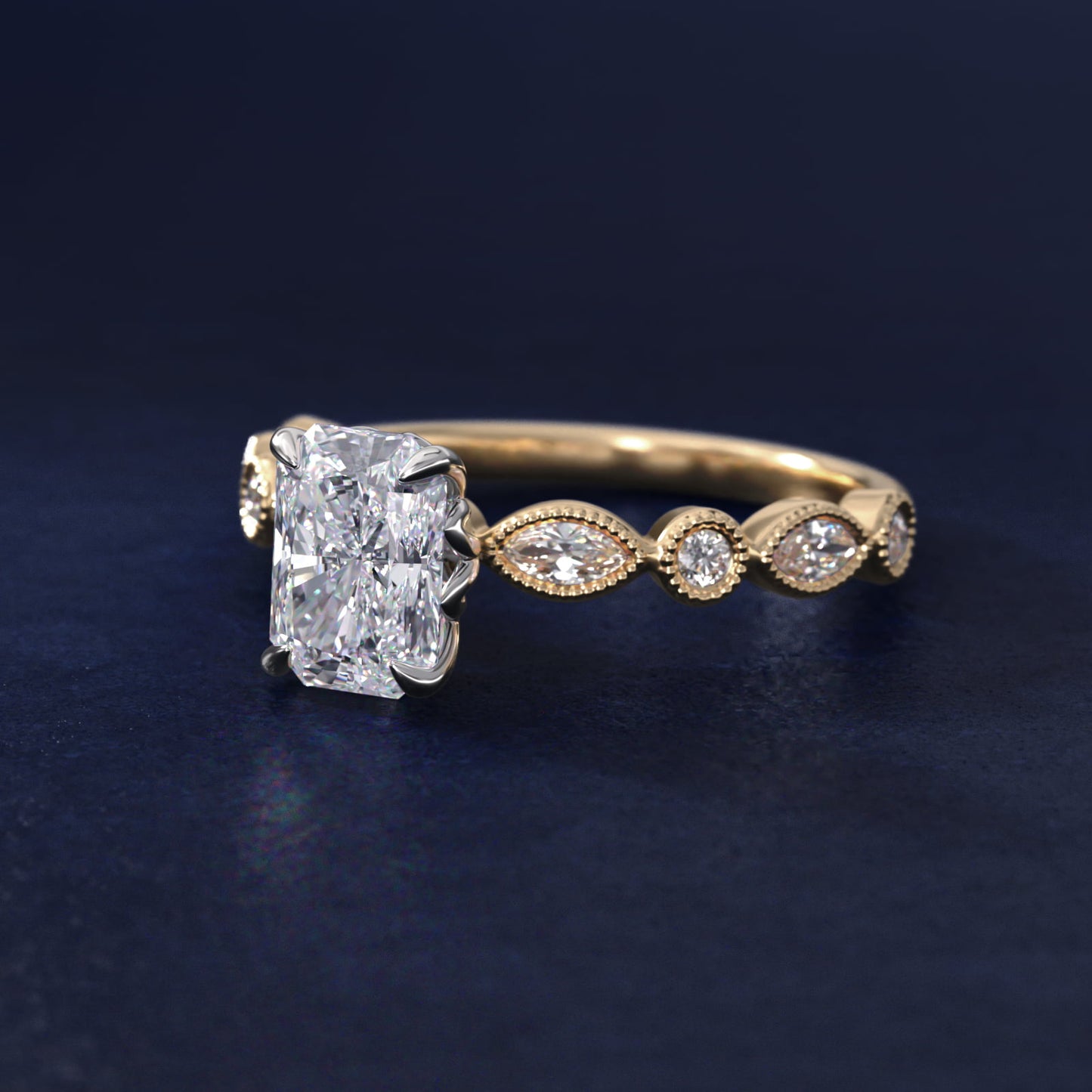 Round and Marquise Cut Side Stone Diamond Engagement Ring In 18k Yellow Gold By James Allen - Radiant Center