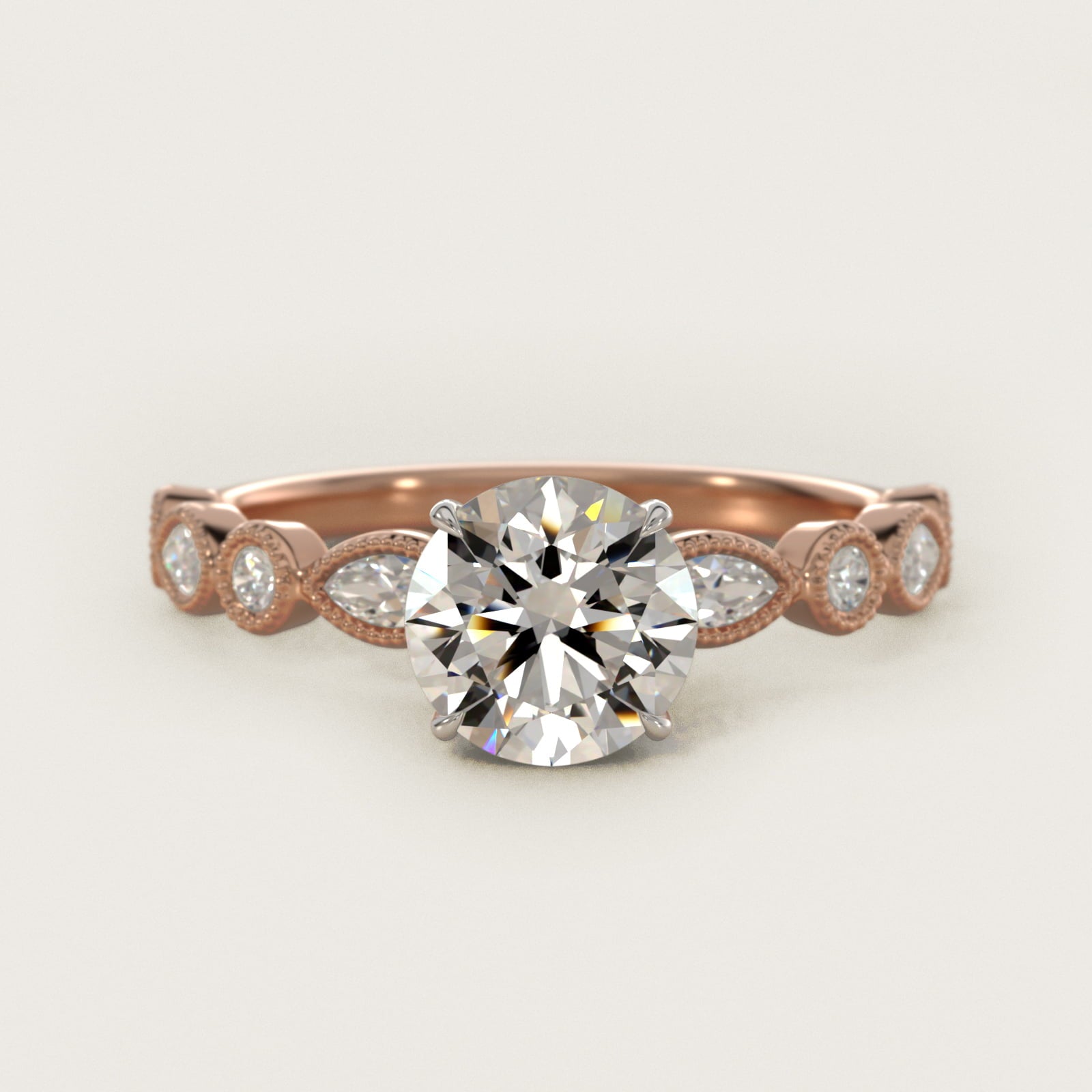 Round and Marquise Cut Side Stone Diamond Engagement Ring In 18k Rose Gold By James Allen - Round Center