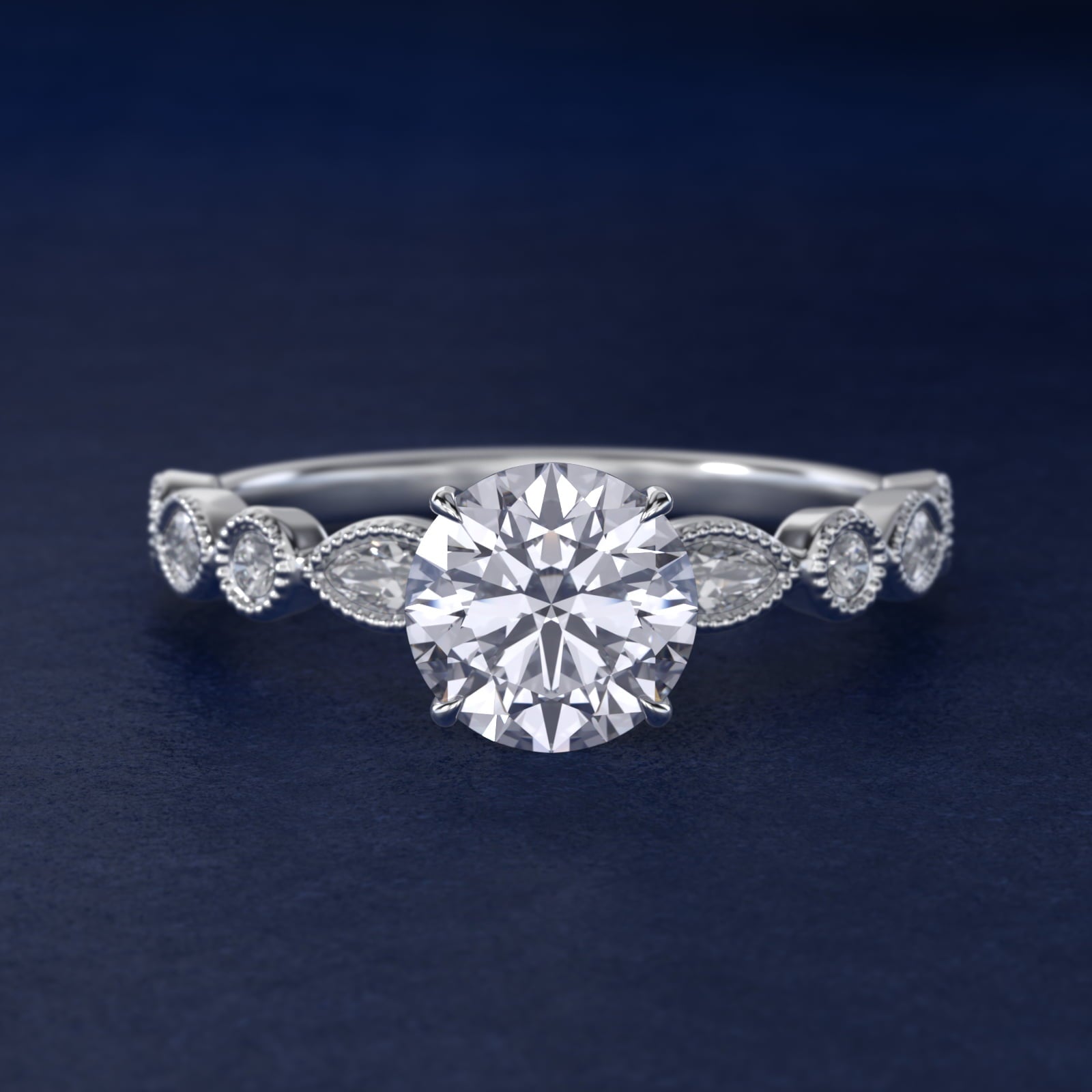 Round and Marquise Cut Side Stone Diamond Engagement Ring In 14K White Gold By James Allen - Round Center