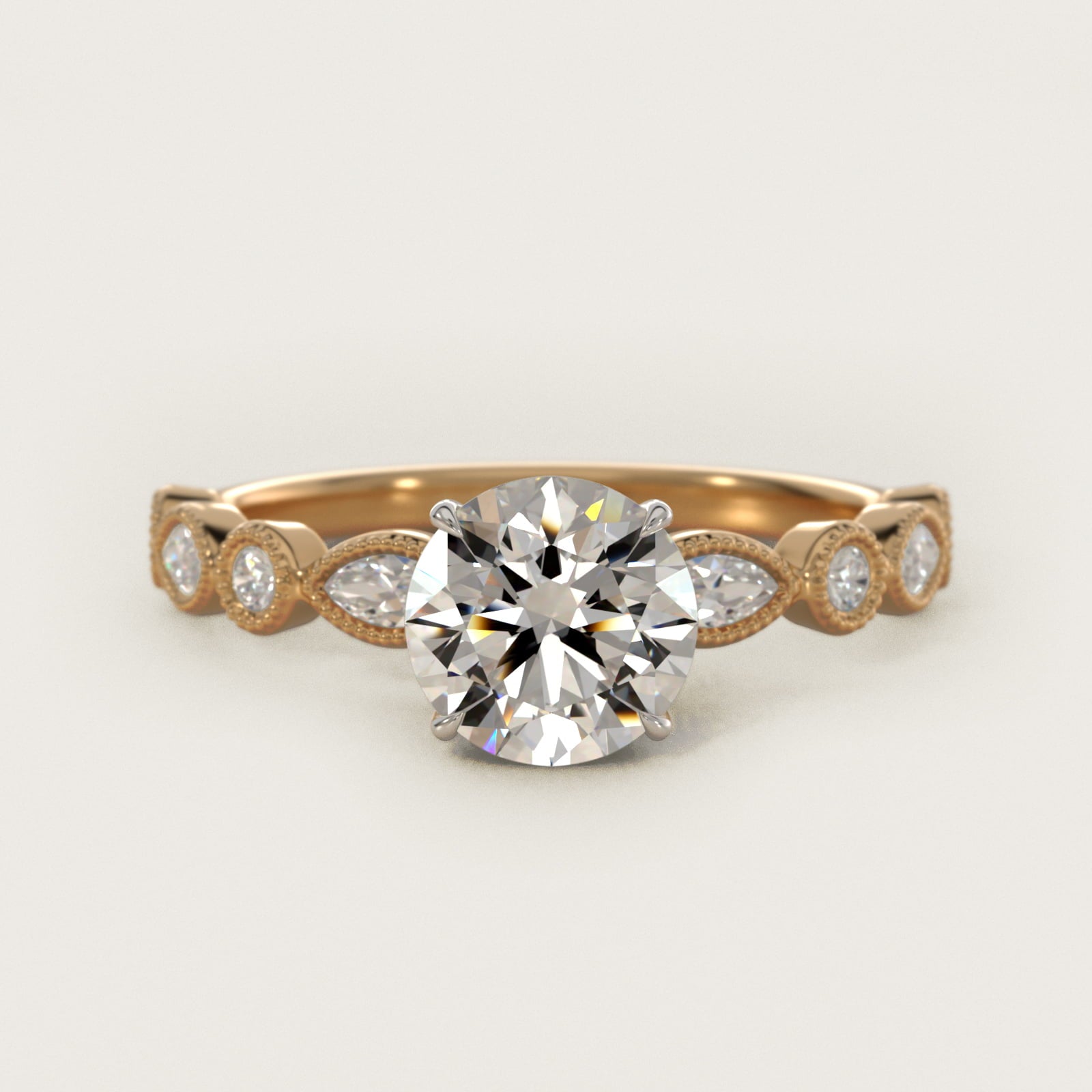 Round and Marquise Cut Side Stone Diamond Engagement Ring In 14K Yellow Gold By James Allen - Round Center