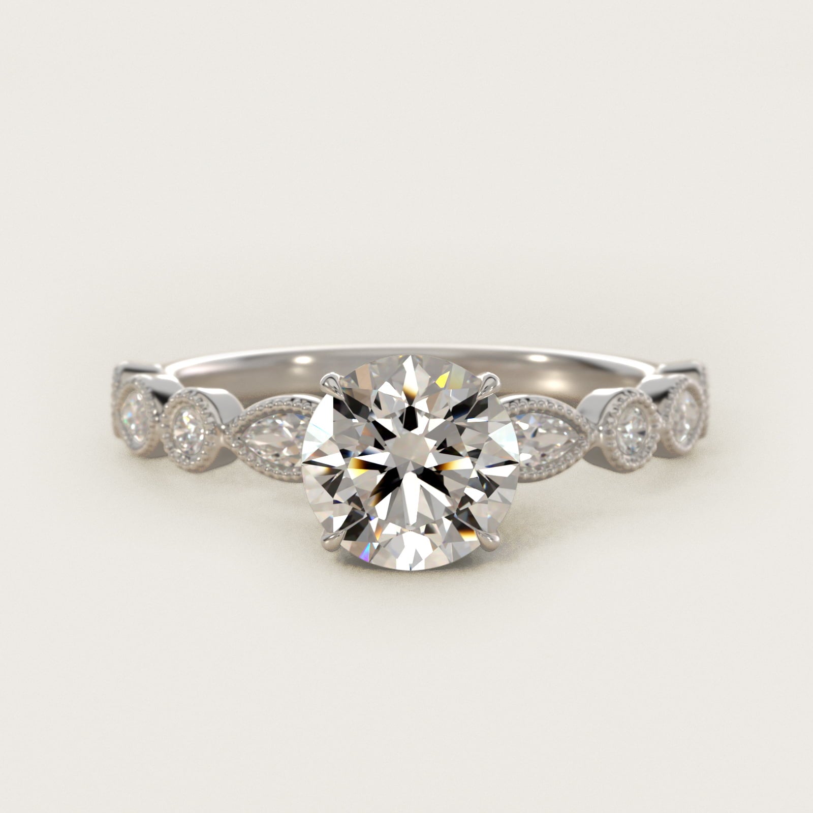 Round and Marquise Cut Side Stone Diamond Engagement Ring In Platinum By James Allen - Round Center