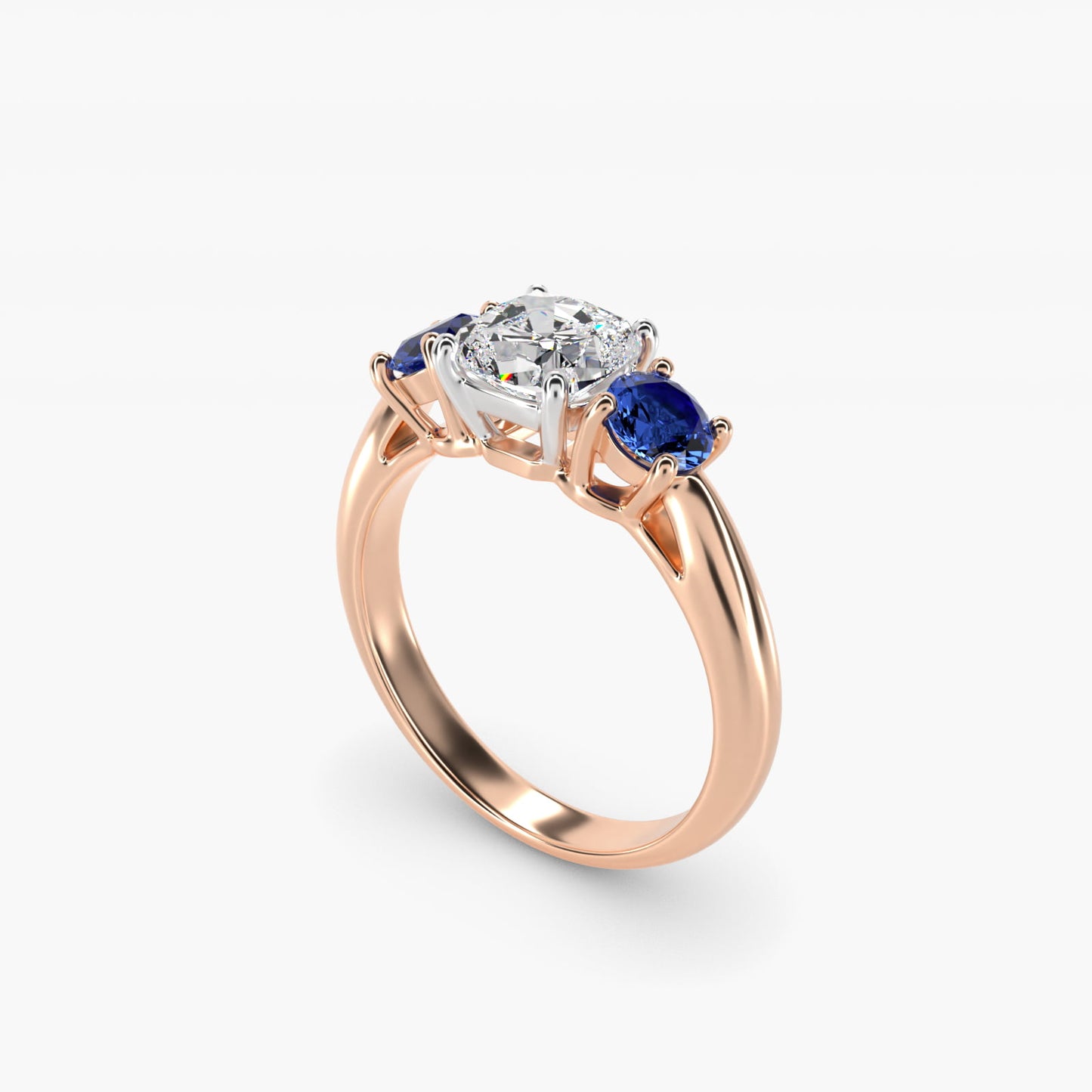 Round Blue Sapphire Three Stone Engagement Ring In 14K Rose Gold By James Allen - Cushion Center