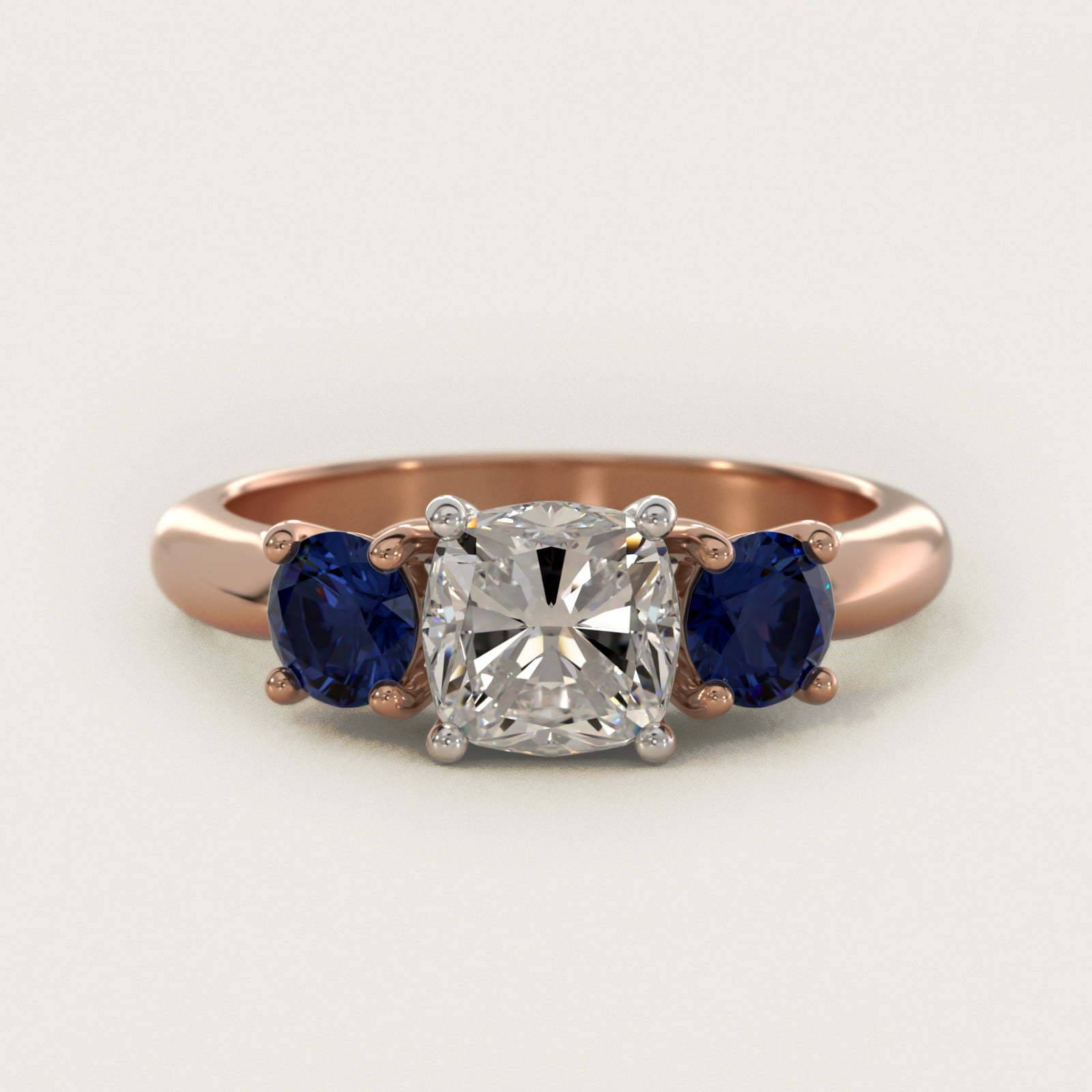 Round Blue Sapphire Three Stone Engagement Ring In 14K Rose Gold By James Allen - Cushion Center