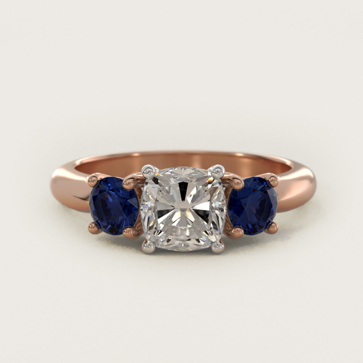 Round Blue Sapphire Three Stone Engagement Ring In 18k Rose Gold By James Allen - Cushion Center