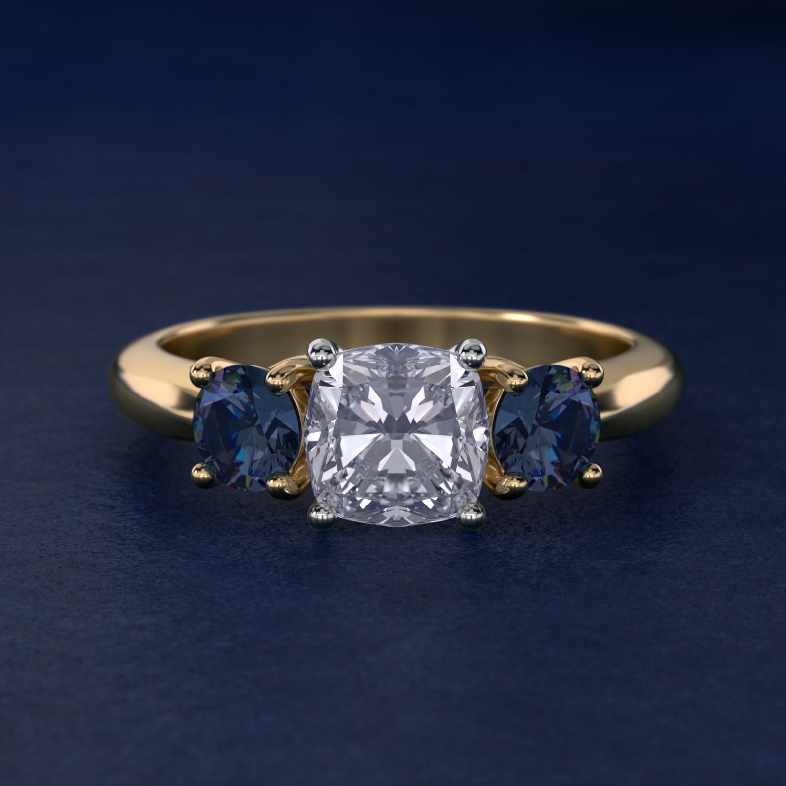 Round Blue Sapphire Three Stone Engagement Ring In 14K Yellow Gold By James Allen - Cushion Center